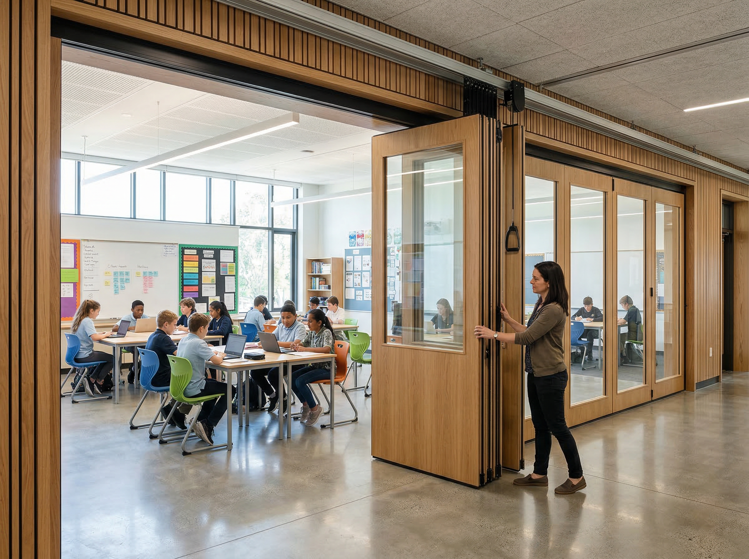 Teacher operating movable acoustic wall between classrooms