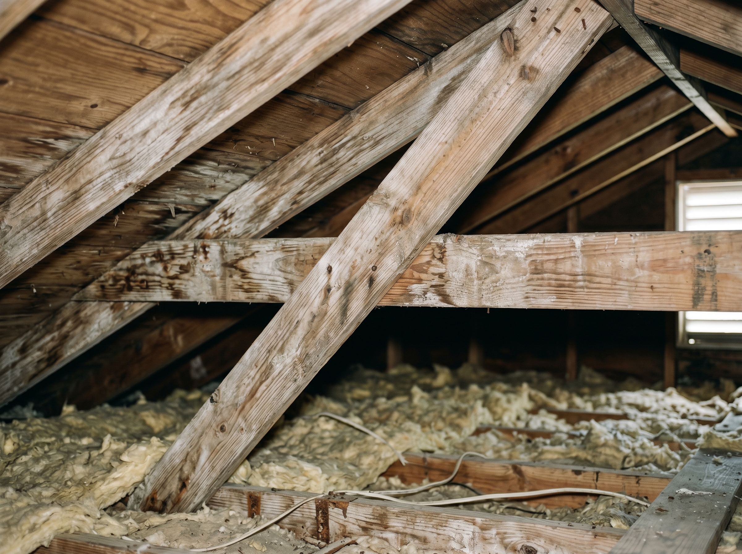 Attic rafters and sheathing showing realistic gray-brown surface staining from moisture exposure