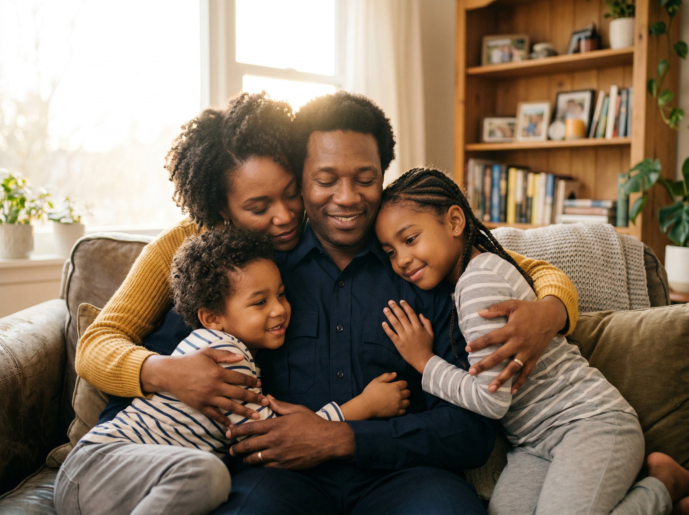 A loving family embracing together on a couch at home