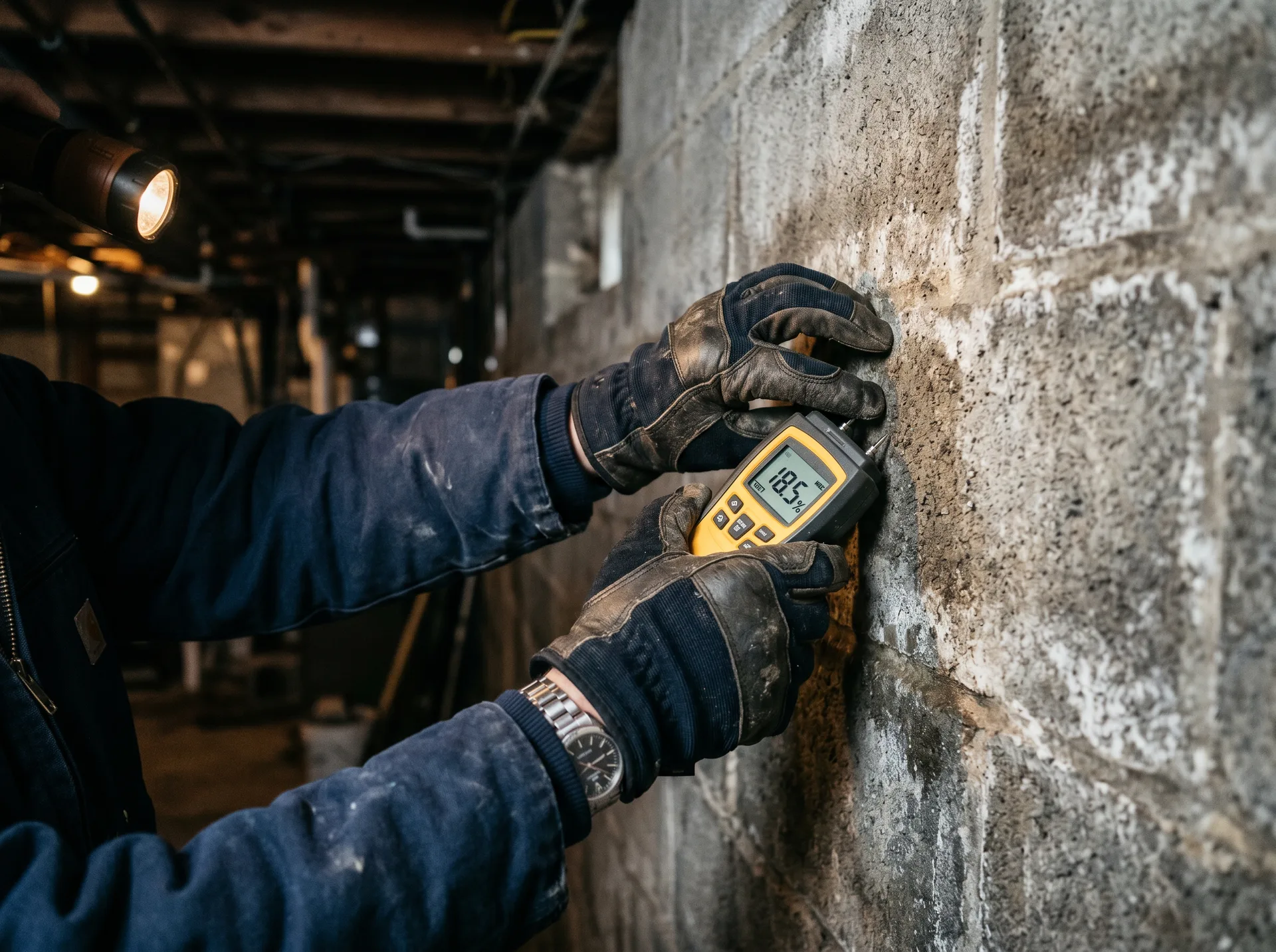 Professional mold inspector using a moisture meter on a basement wall in York PA