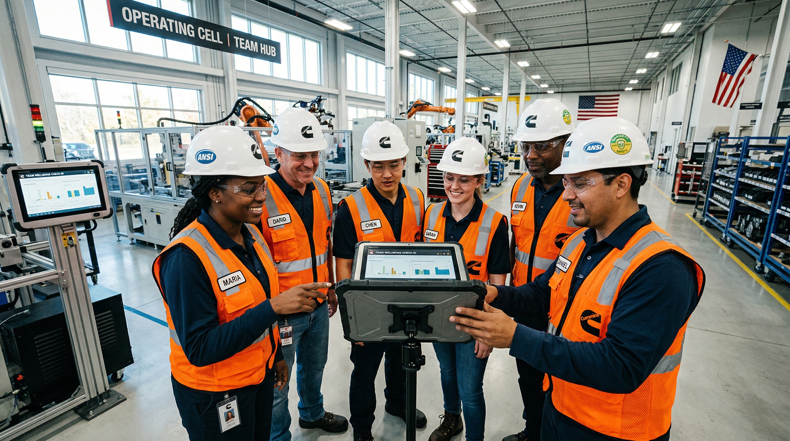 Cummins employees collaborating on wellbeing tools in a manufacturing facility