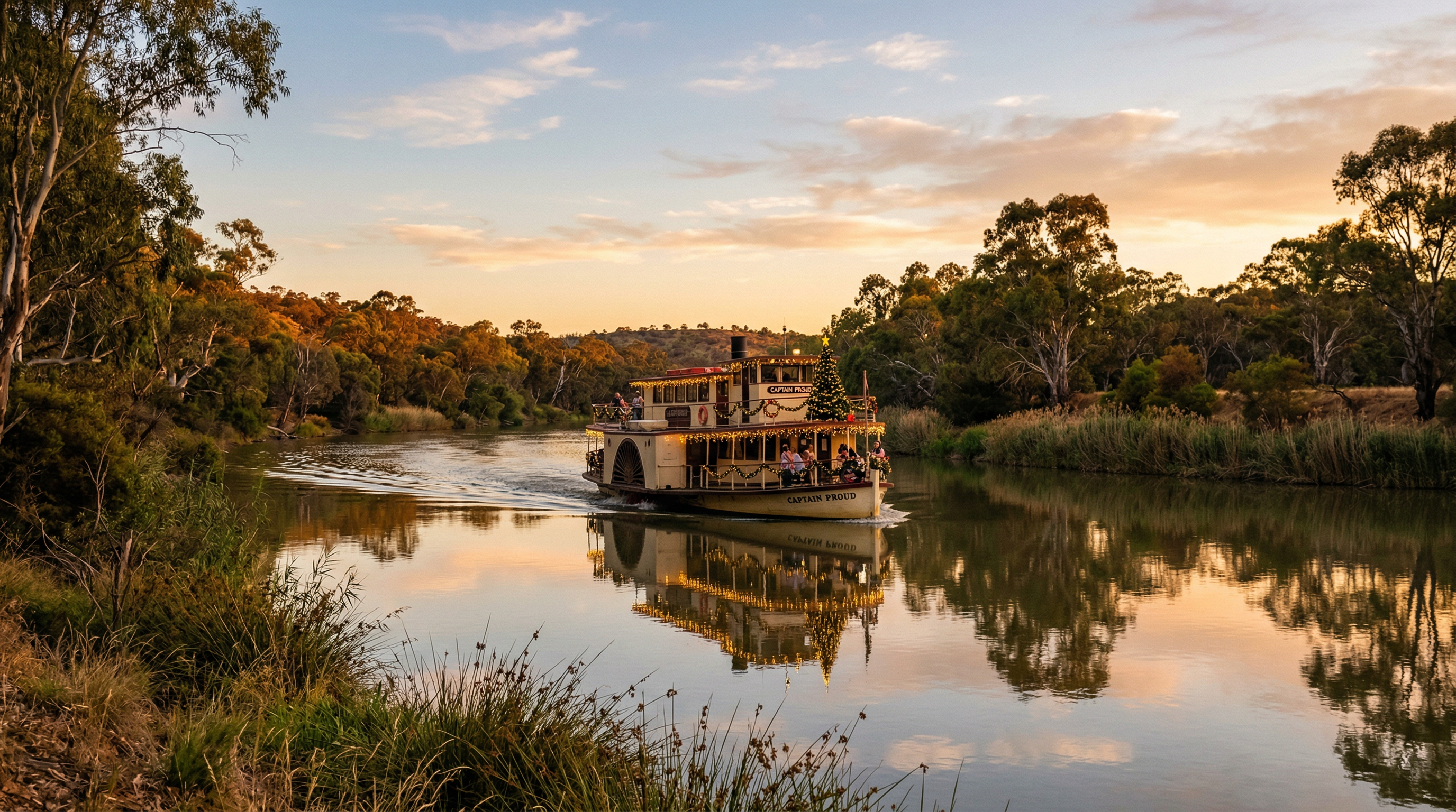 Captain Proud paddle boat decorated for Christmas cruising the River Murray at golden hour