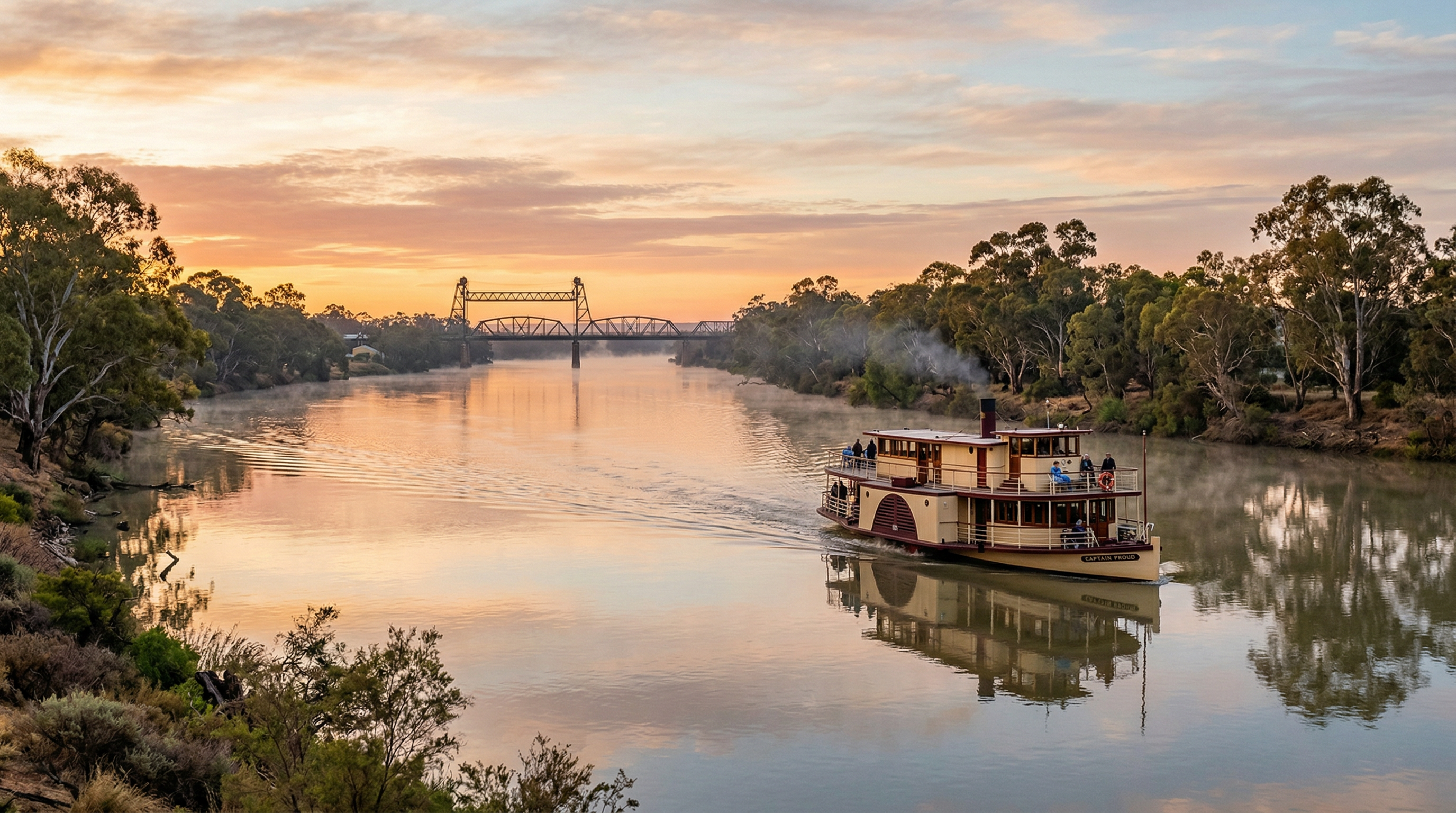 Captain Proud paddle boat cruising the River Murray at sunrise