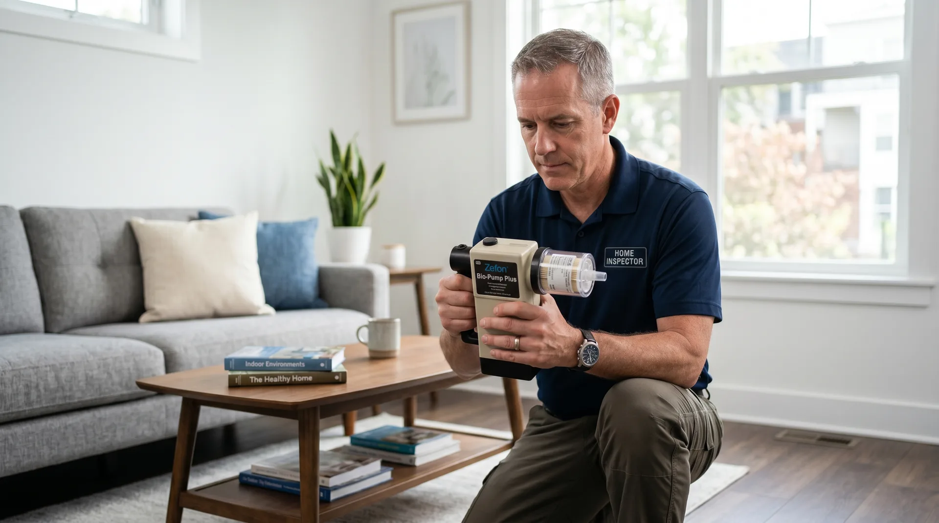 Professional home inspector using an air sampling pump in a clean-looking living room with no visible mold present