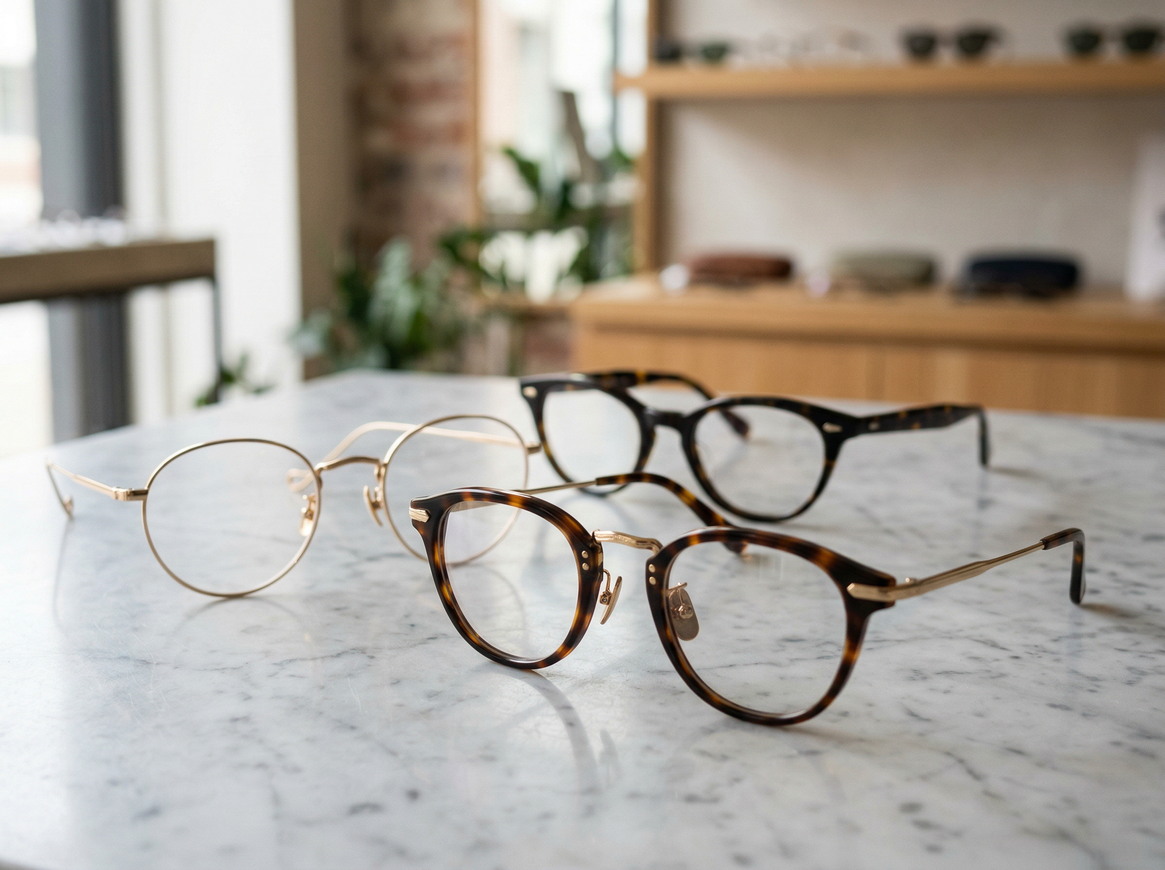 Classic vintage-inspired eyeglasses frames arranged on a marble surface