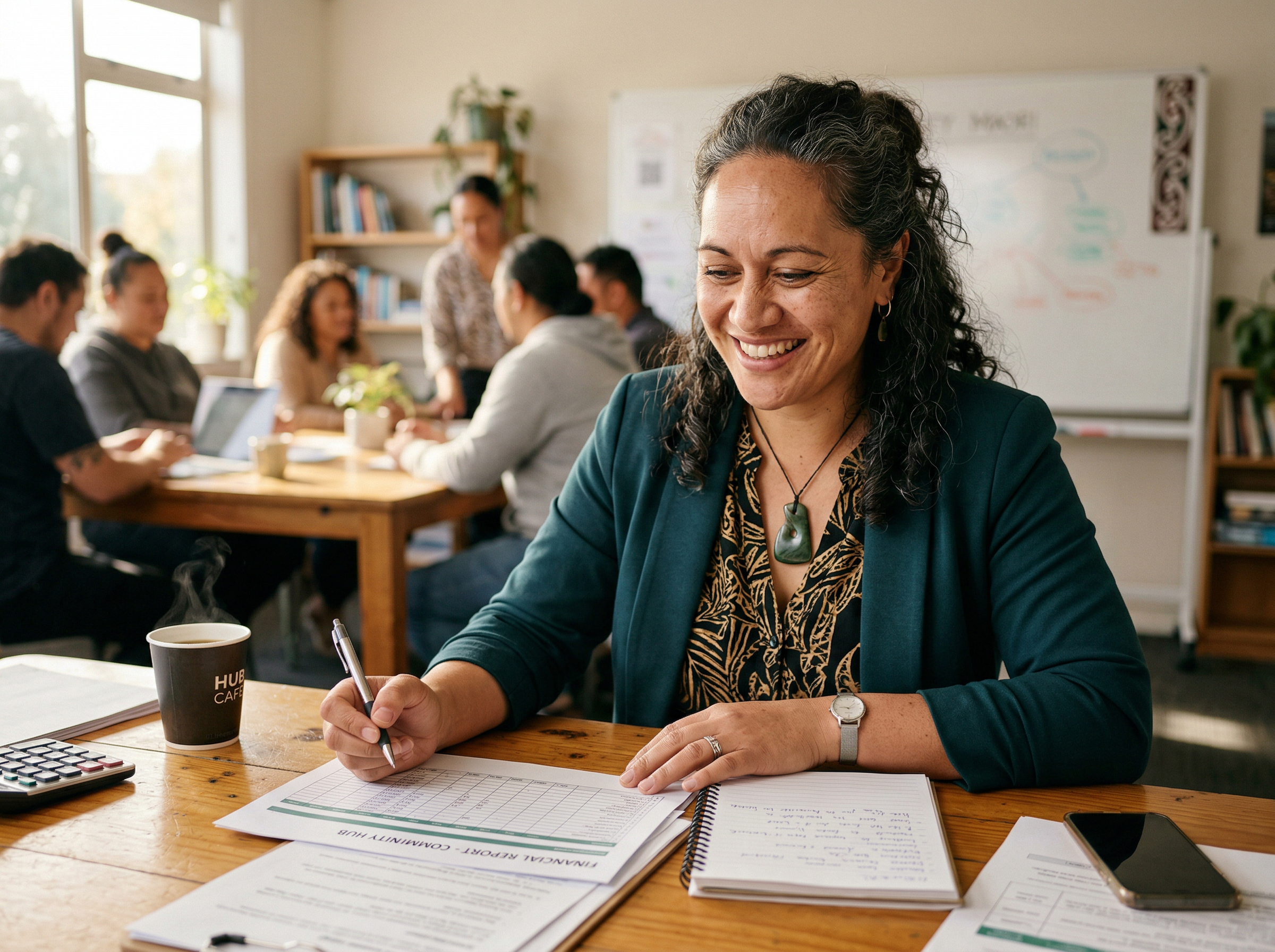 Confident woman reviewing financial documents at a community learning session