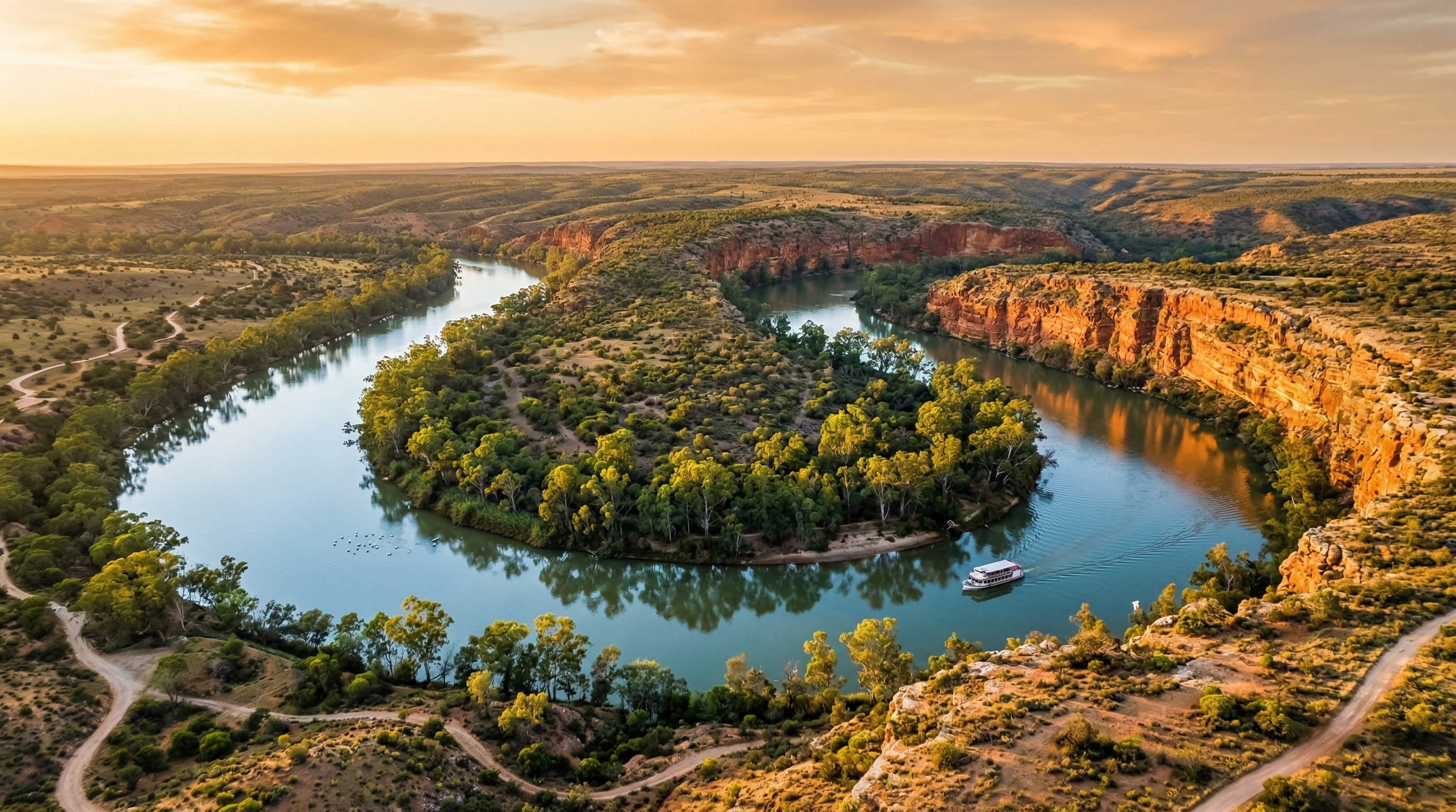 Aerial view of the Murray River with red cliffs and lush gum trees