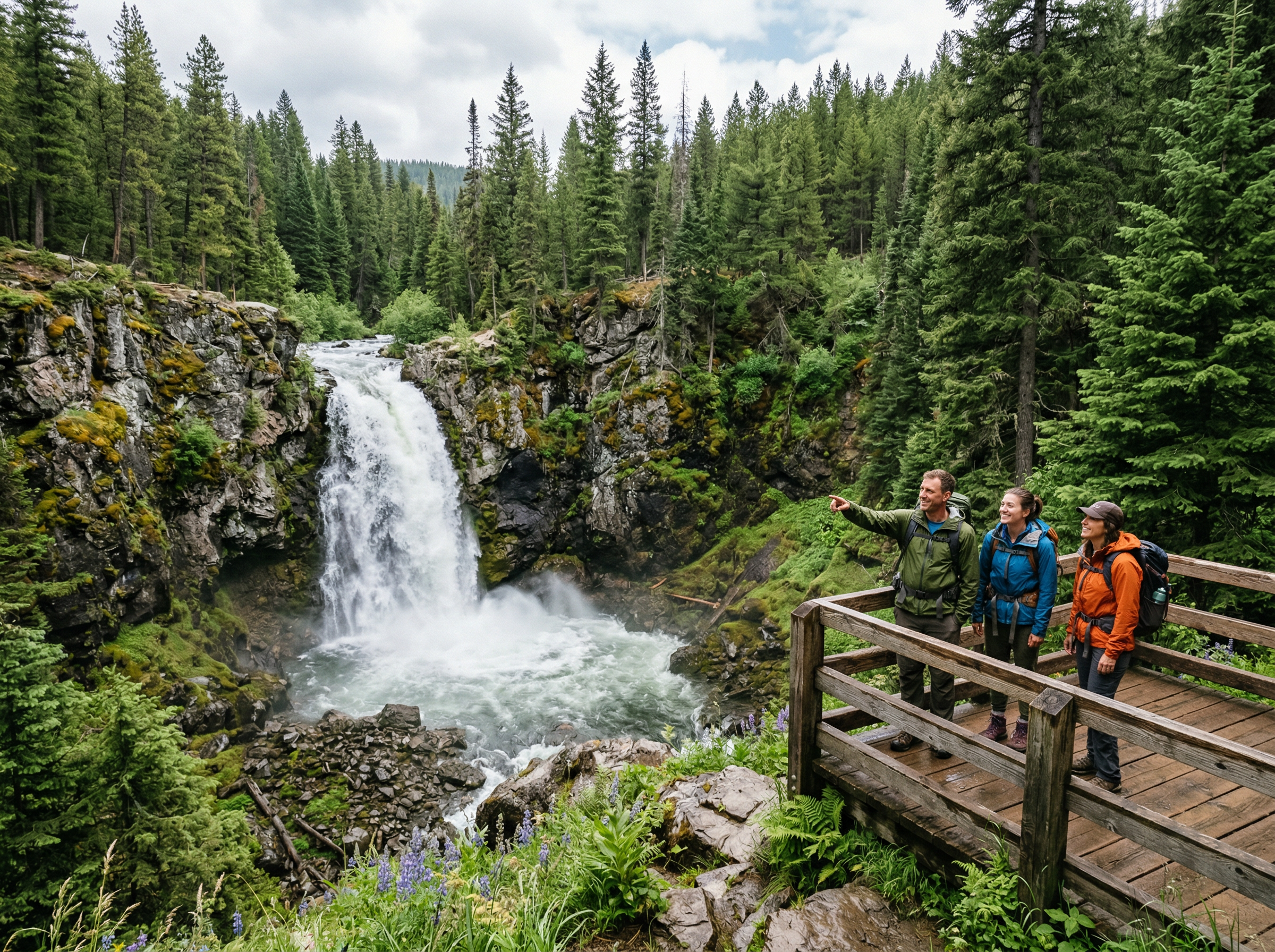 Hikers at Ousel Falls near Big Sky Montana viewing a dramatic waterfall in a pine forest