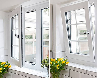 Tilt and turn window open inward showing dual mechanism