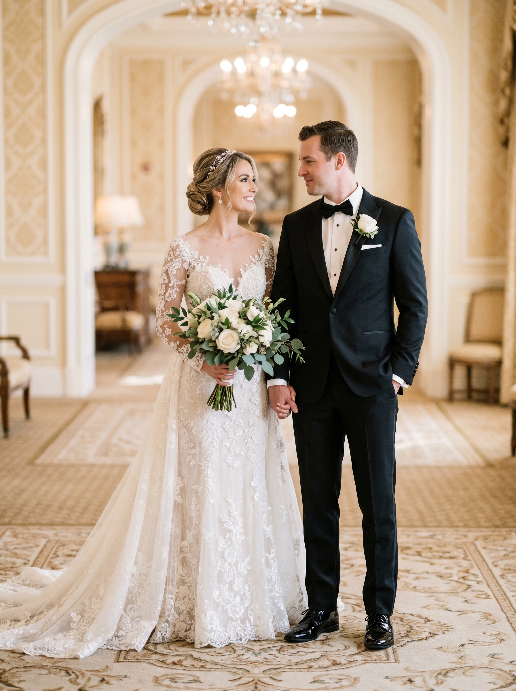 Bride in elegant lace wedding gown with groom in tuxedo at Las Vegas wedding venue