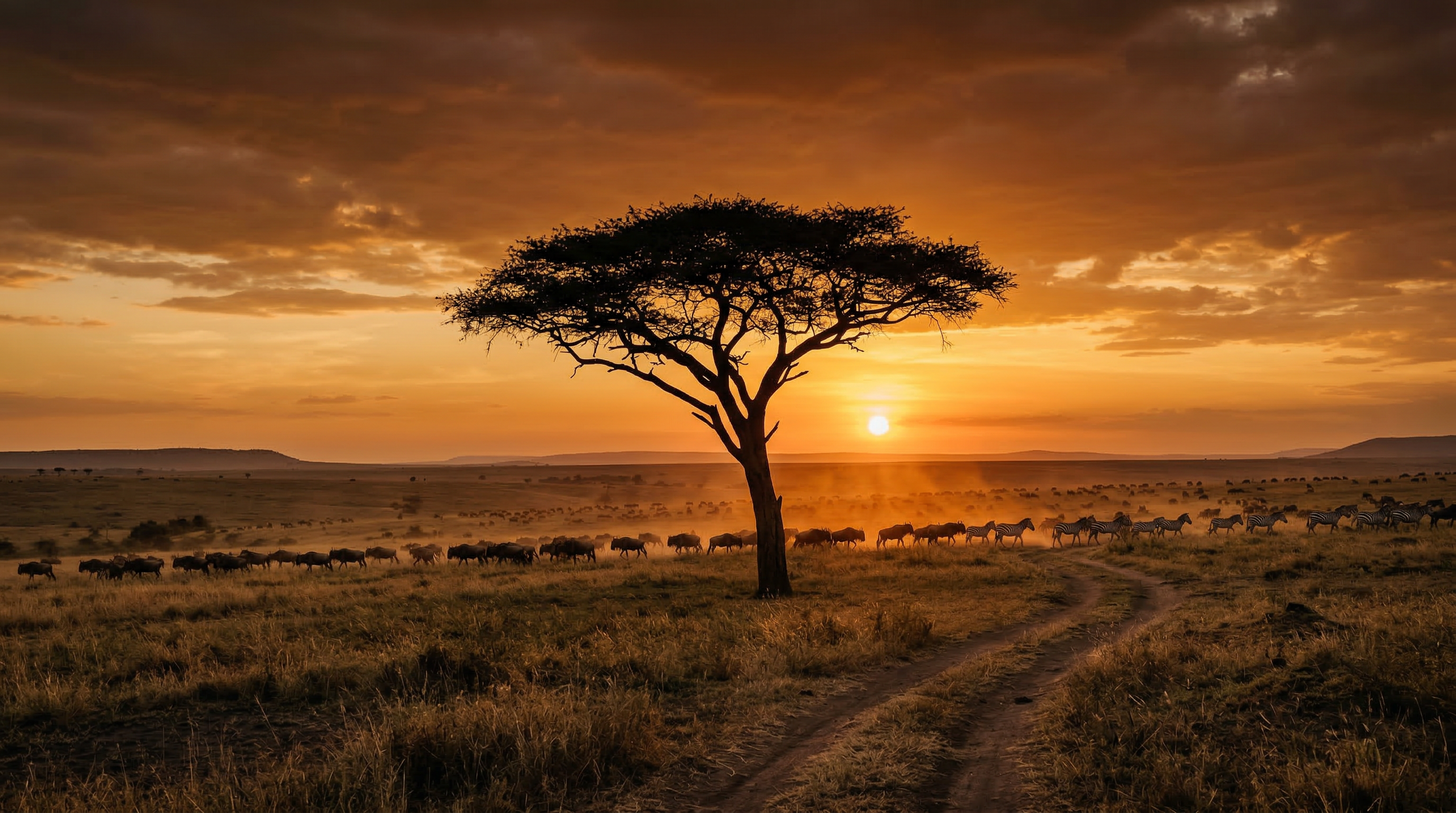 Serengeti savanna at golden sunset with acacia tree and wildebeest migration