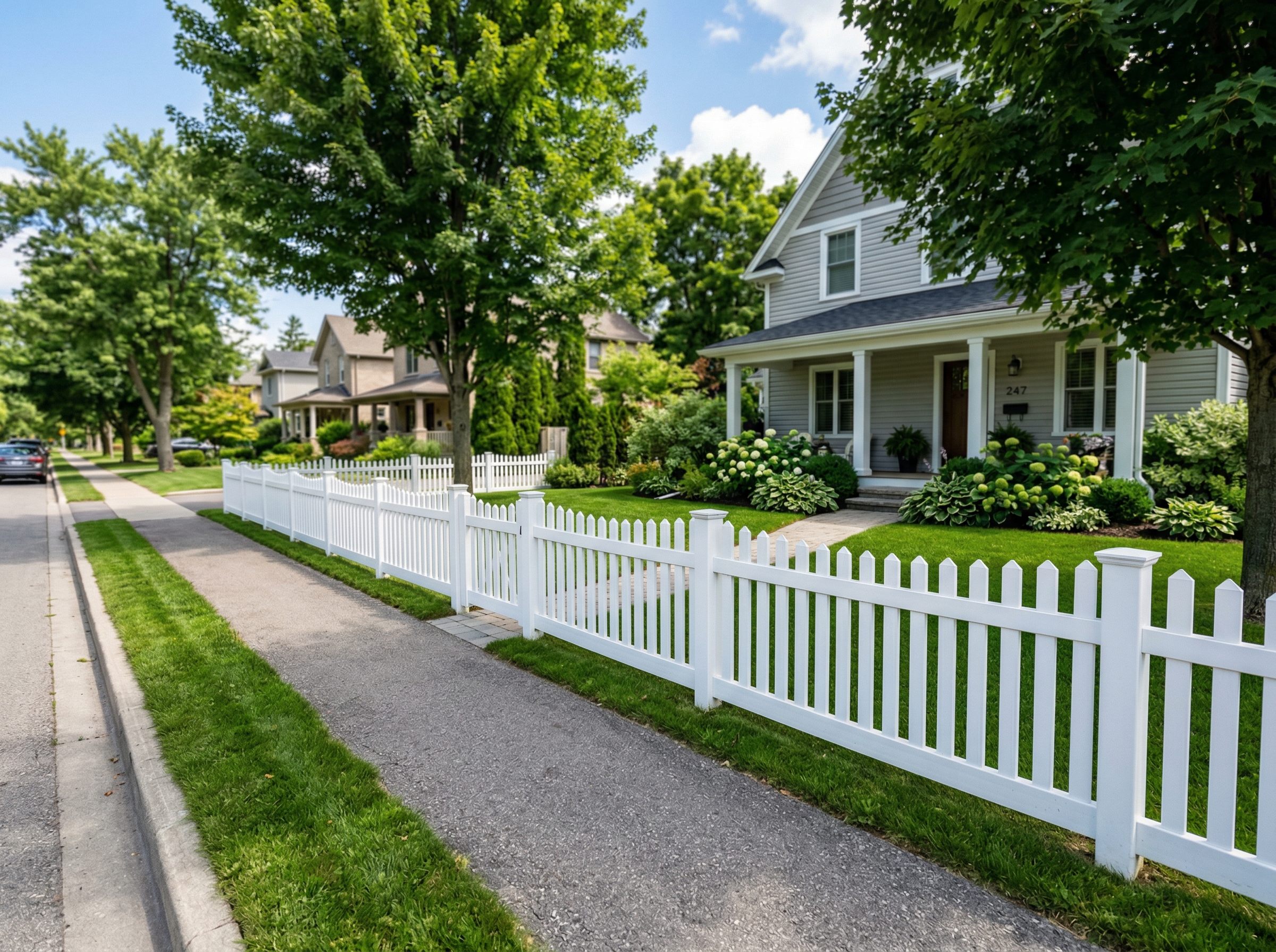 White vinyl picket fence along a residential street in a London Ontario suburb