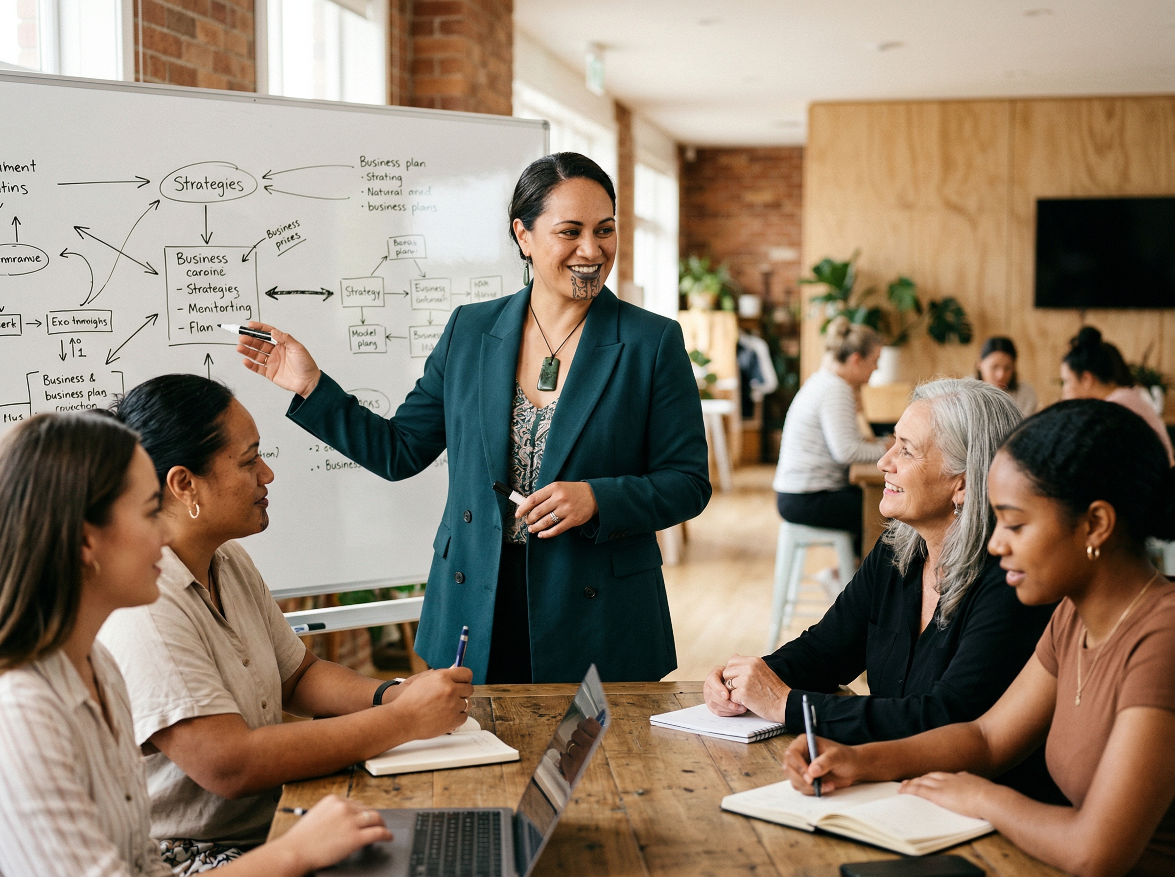 Maori woman leading a business strategy session with a group of wahine