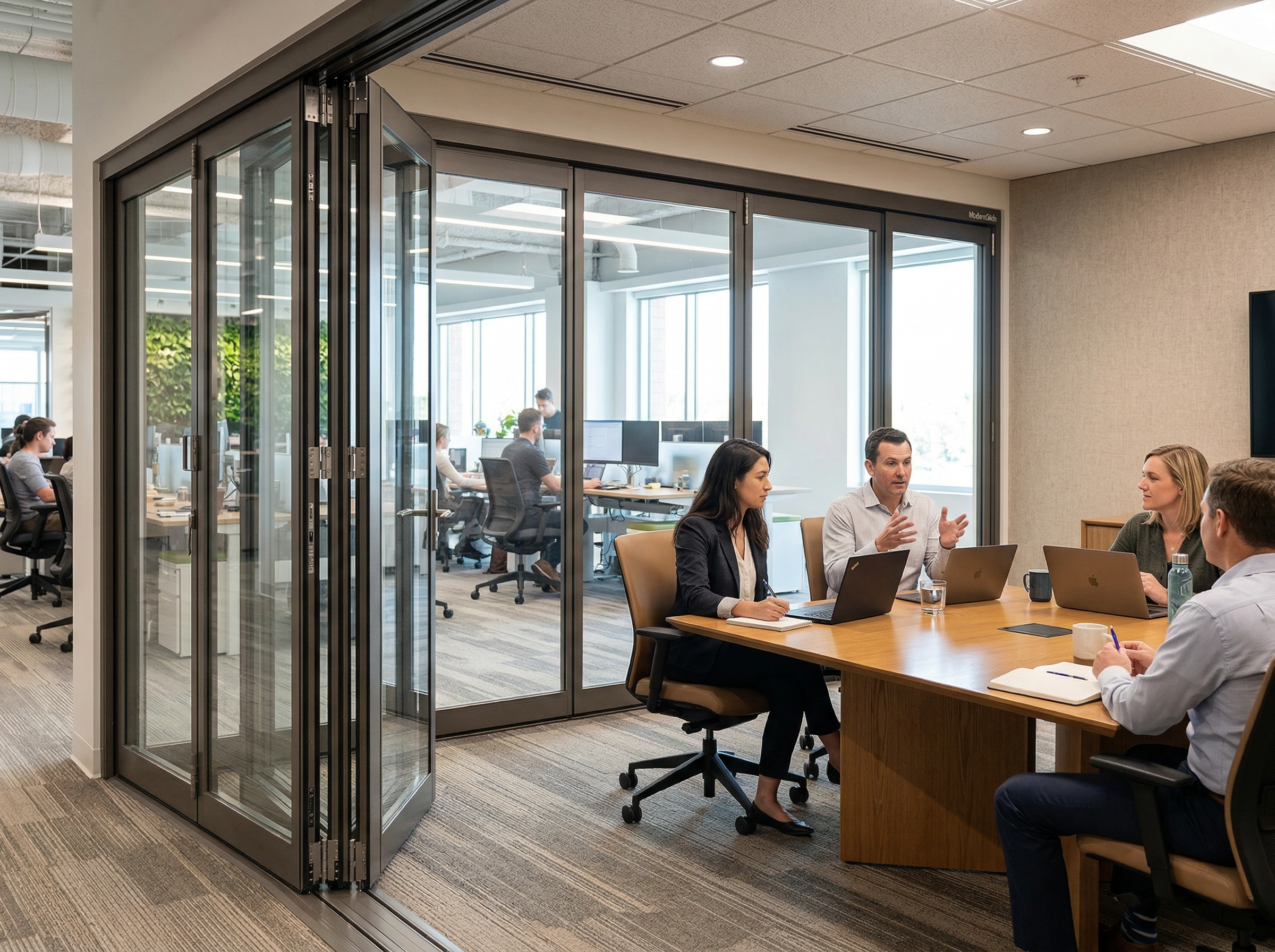 Glazed folding partition creating a meeting room within an open-plan office