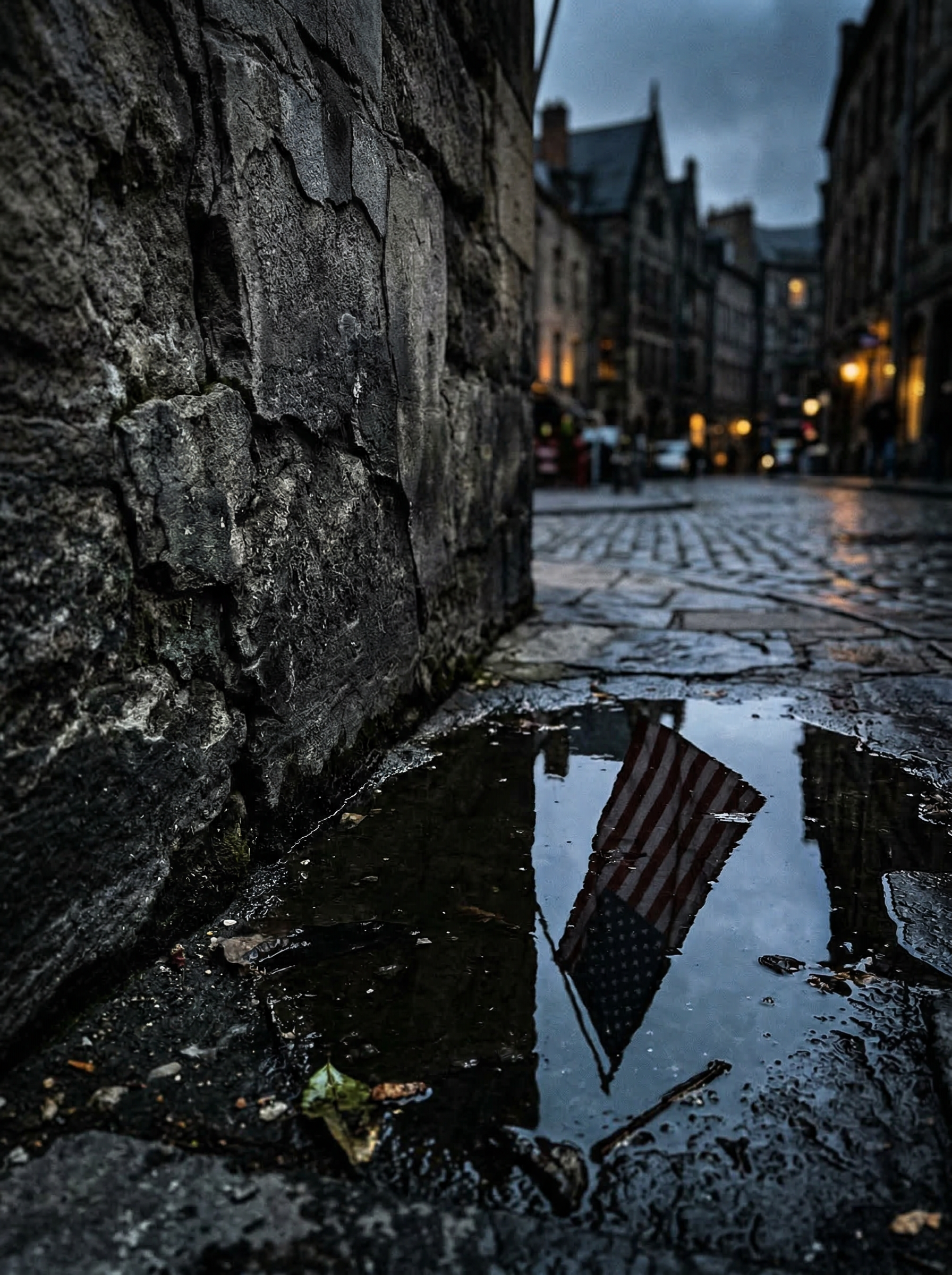 American flag reflected in a puddle on a cobblestone street at dusk