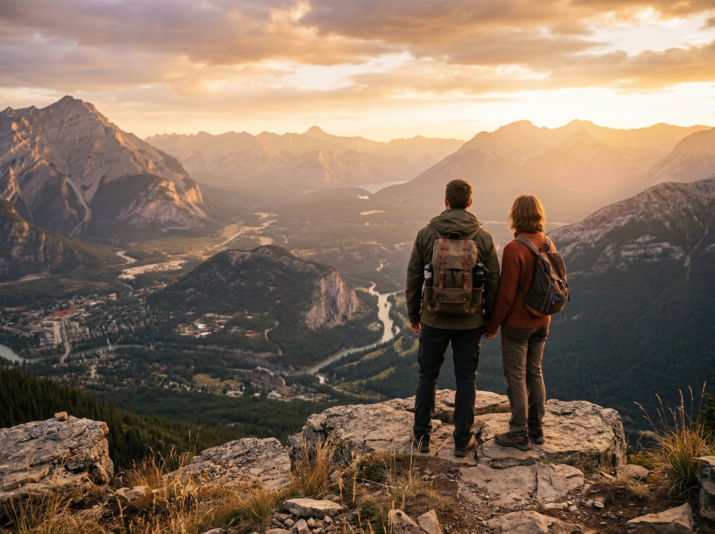 Two travelers standing on a mountain overlook at golden hour