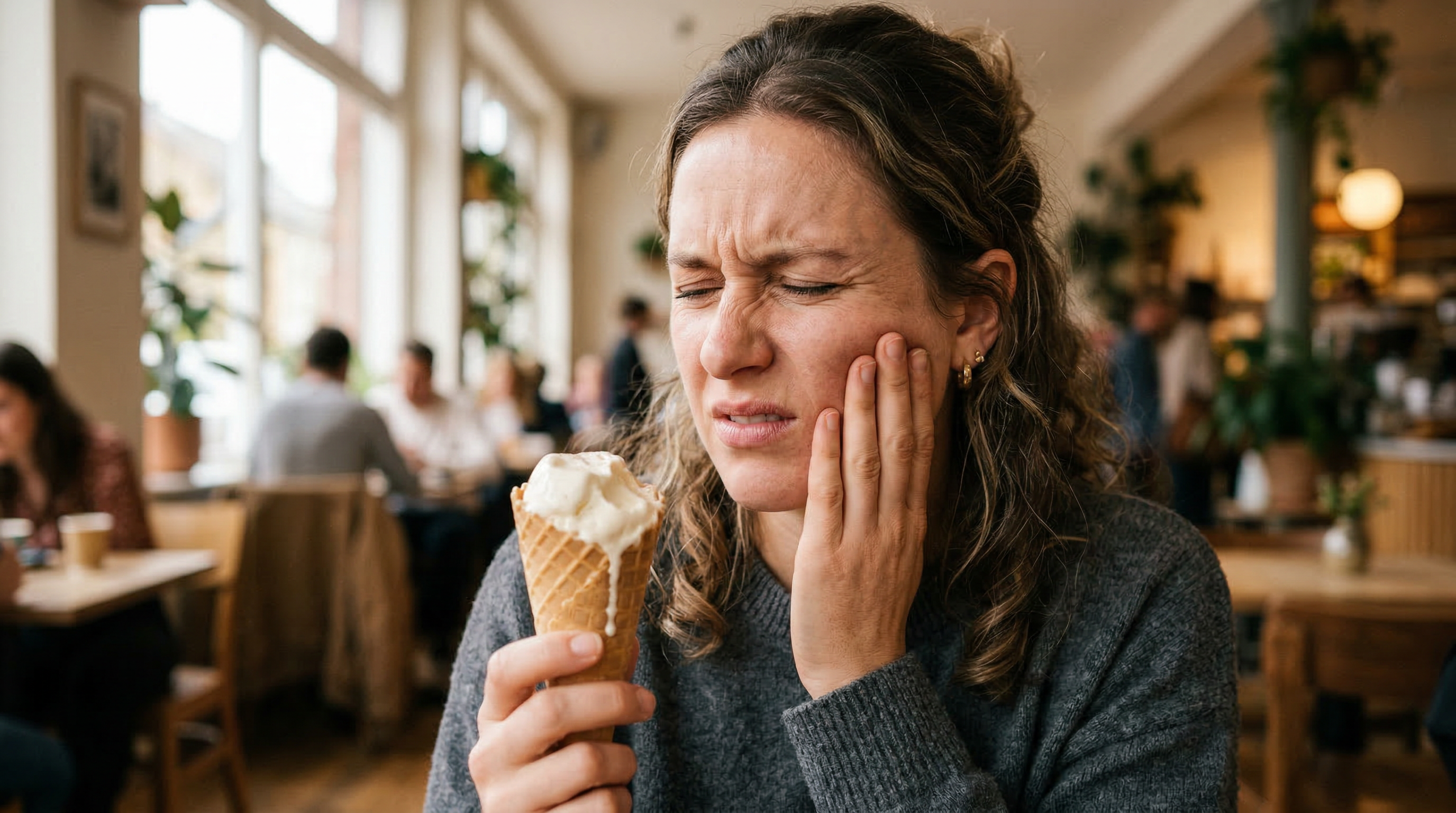 Woman experiencing tooth sensitivity while eating ice cream