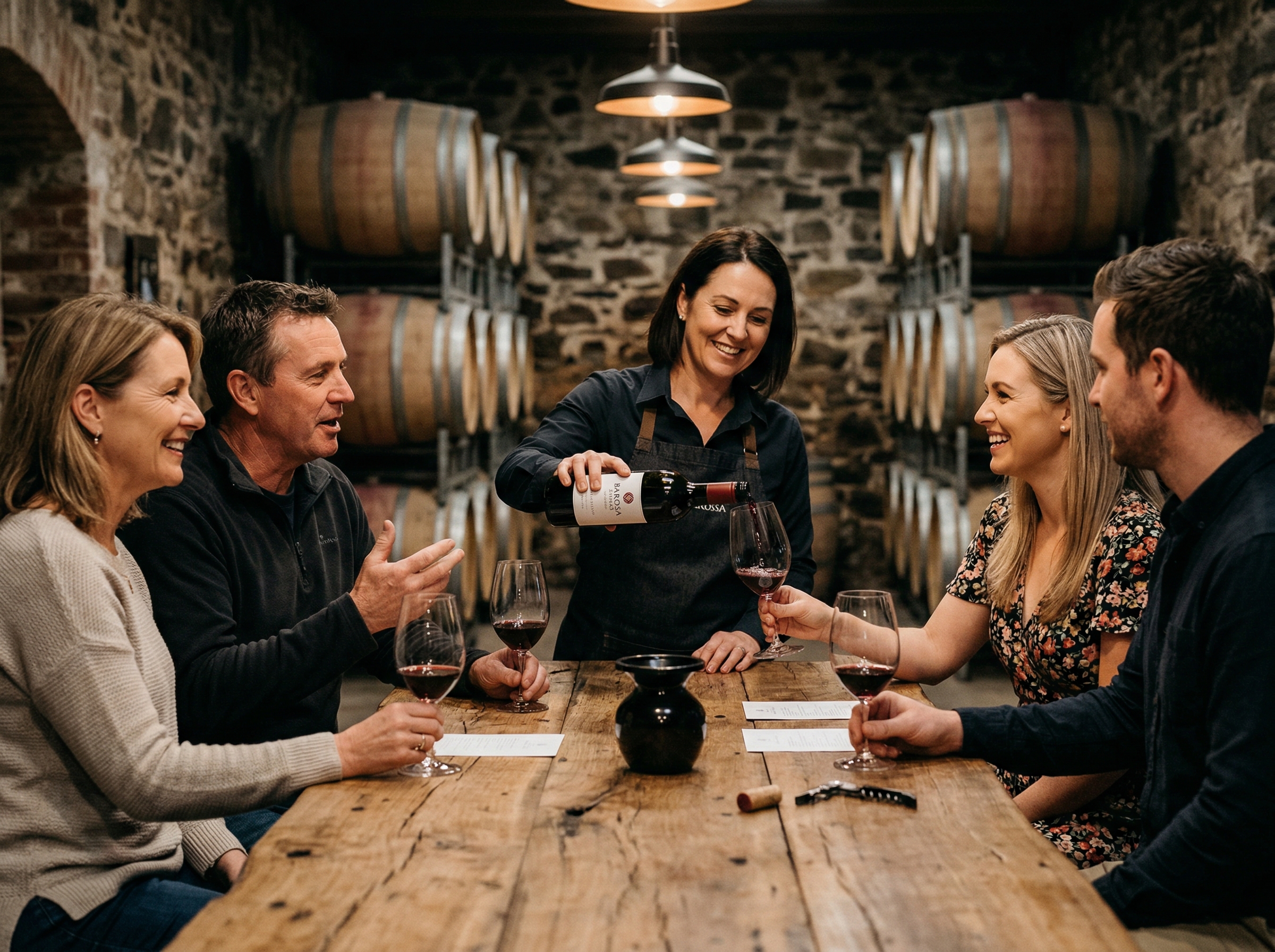 Wine tasting group at Barossa Valley cellar door with barrels in background