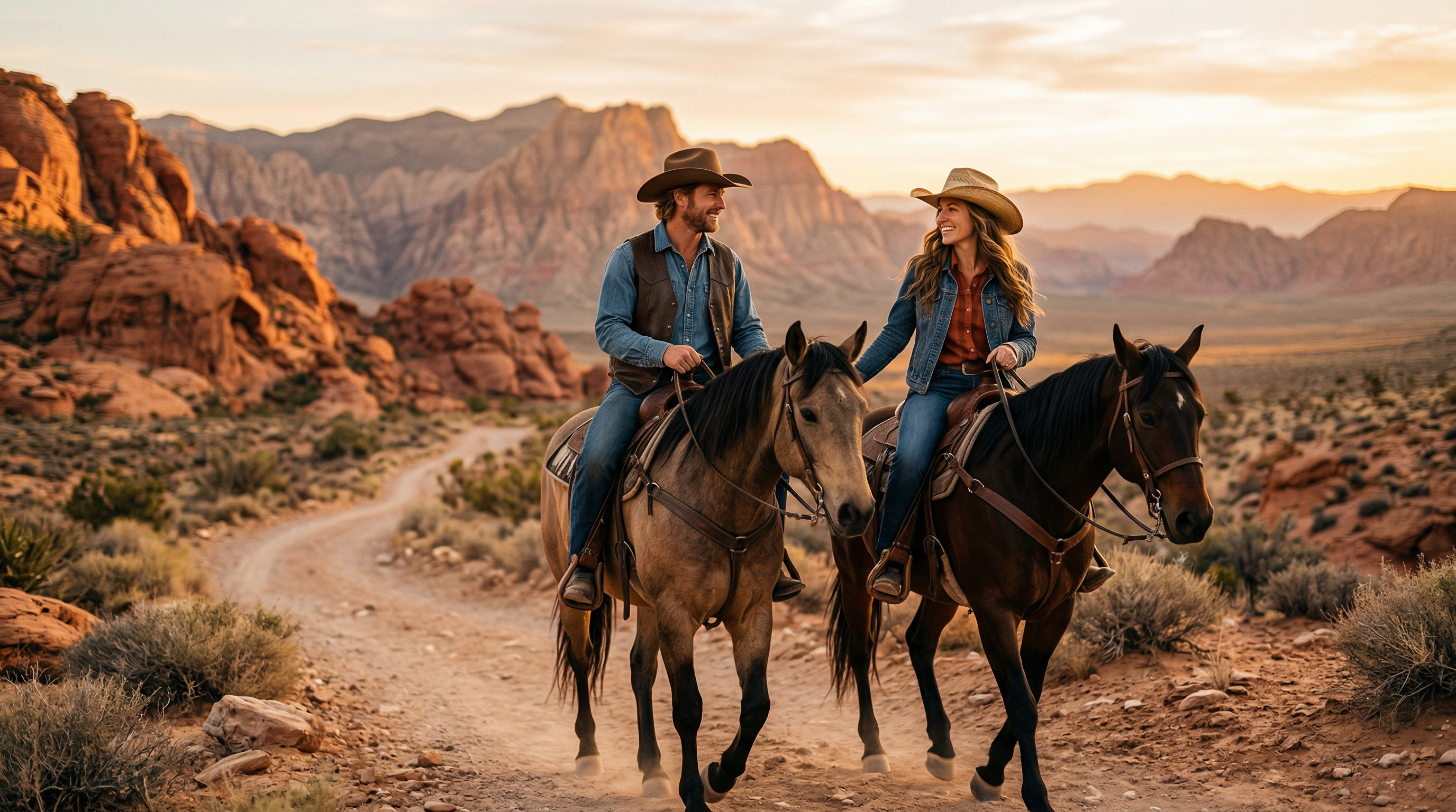 Couple riding horses side by side at golden hour in the Nevada desert with red rock mountains behind them