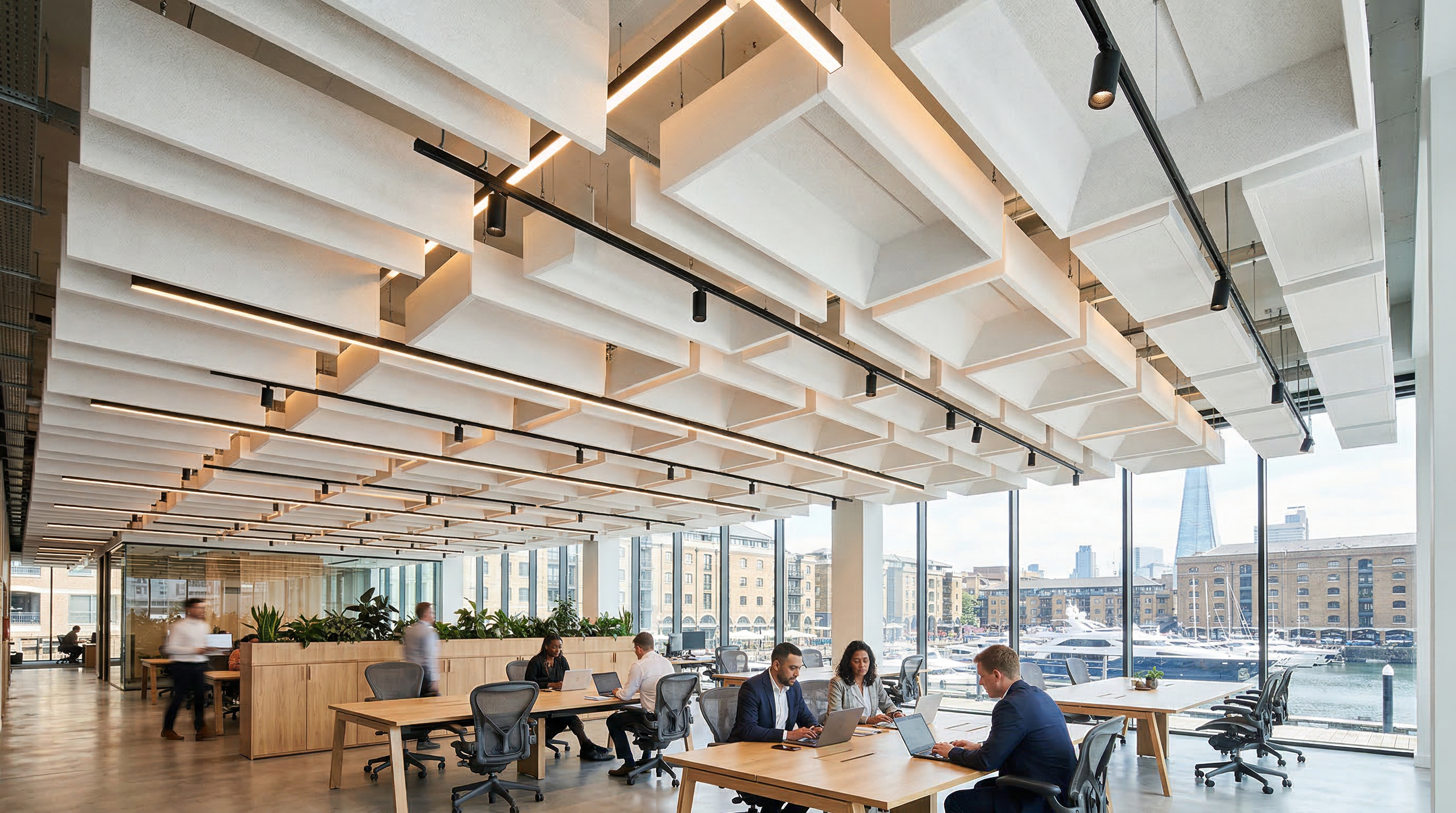 PanelHush Sky acoustic ceiling panels installed at St Katharine Dock, London