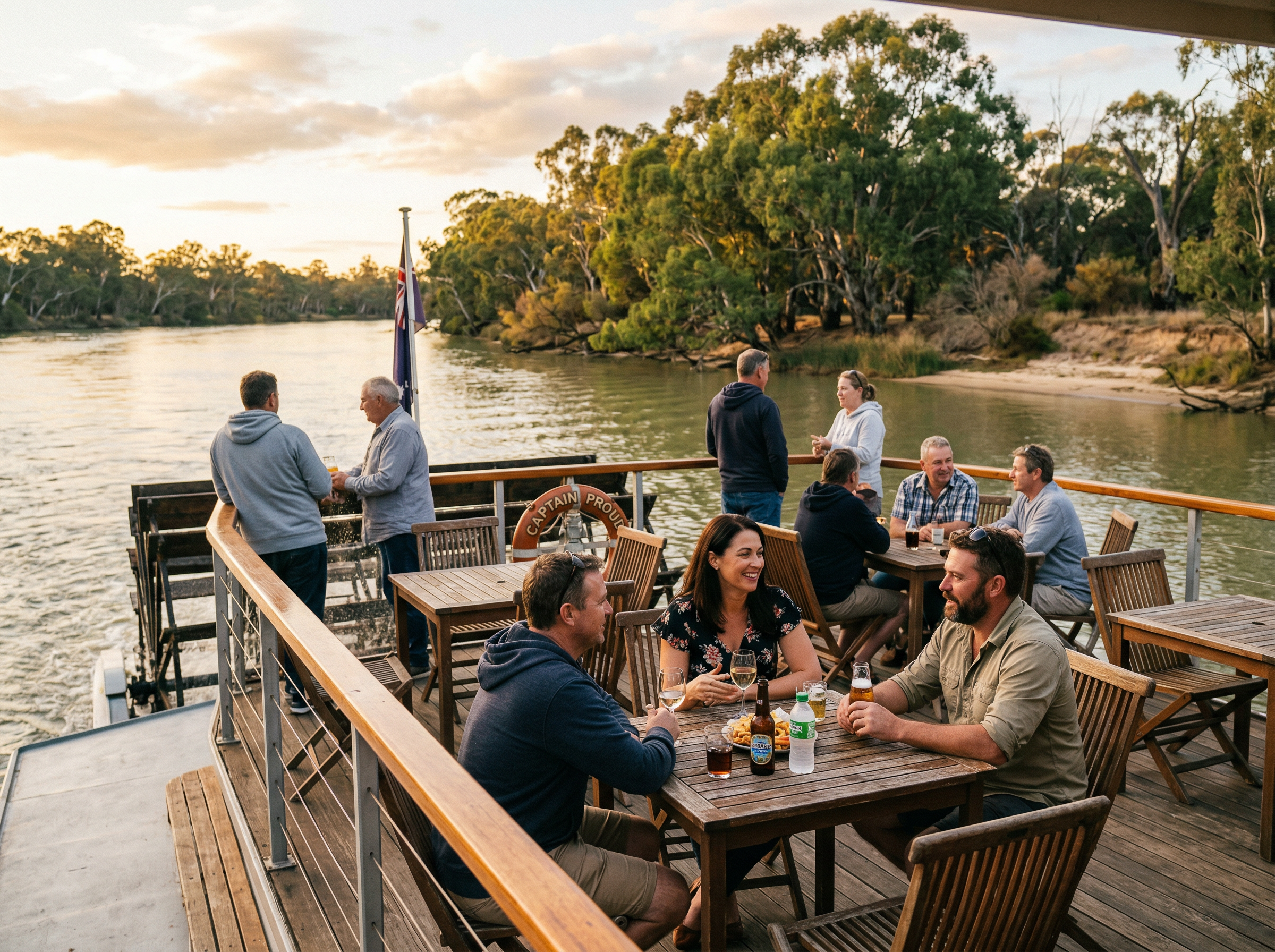 Guests relaxing on the alfresco rear deck of the Maxine K with River Murray views