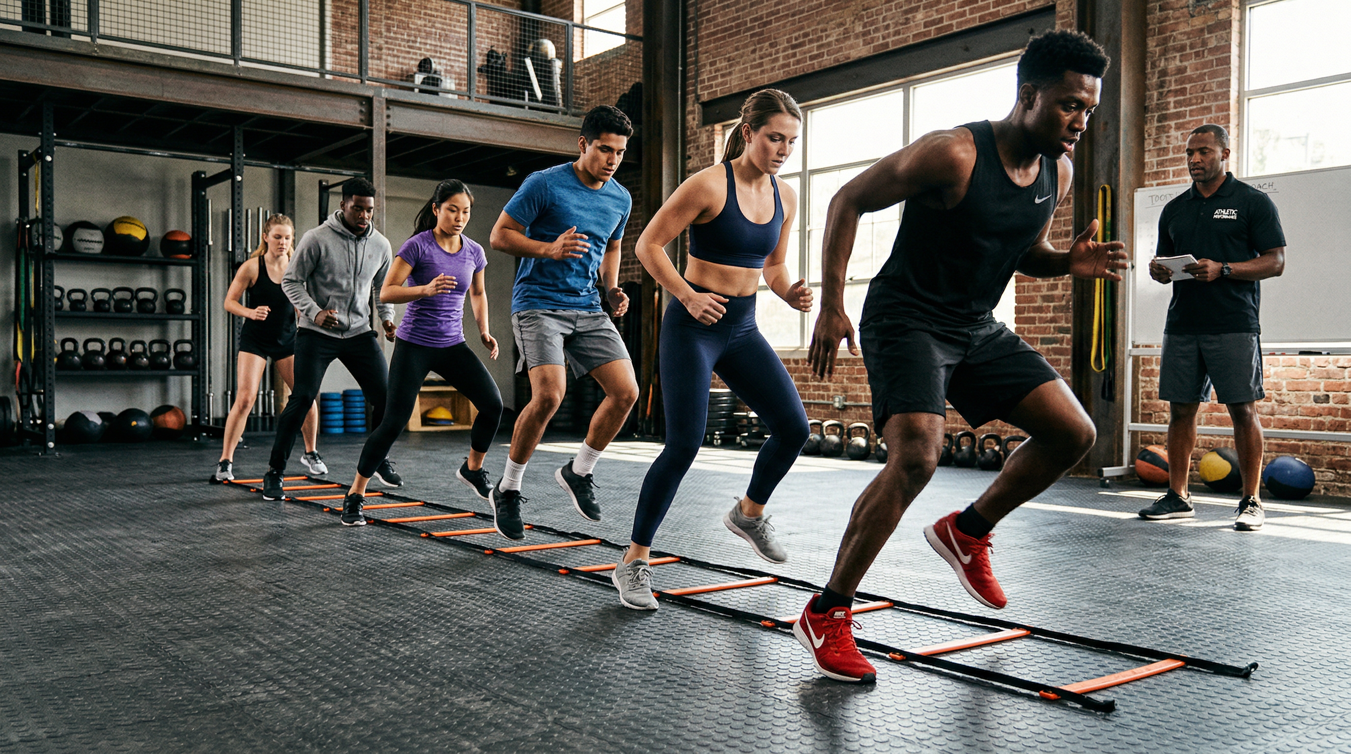 Group of athletes performing agility ladder drills with a coach