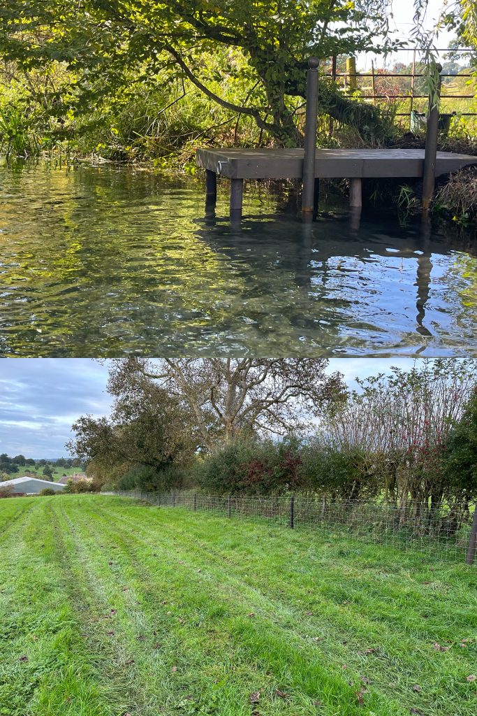 Wooden jetty beside a pond and paddock fencing in a rural Cotswolds setting