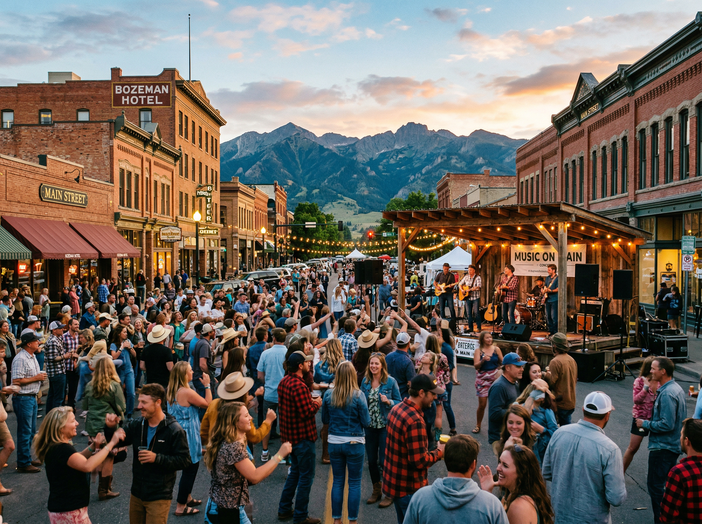 Music on Main Street outdoor concert in Bozeman Montana at golden hour
