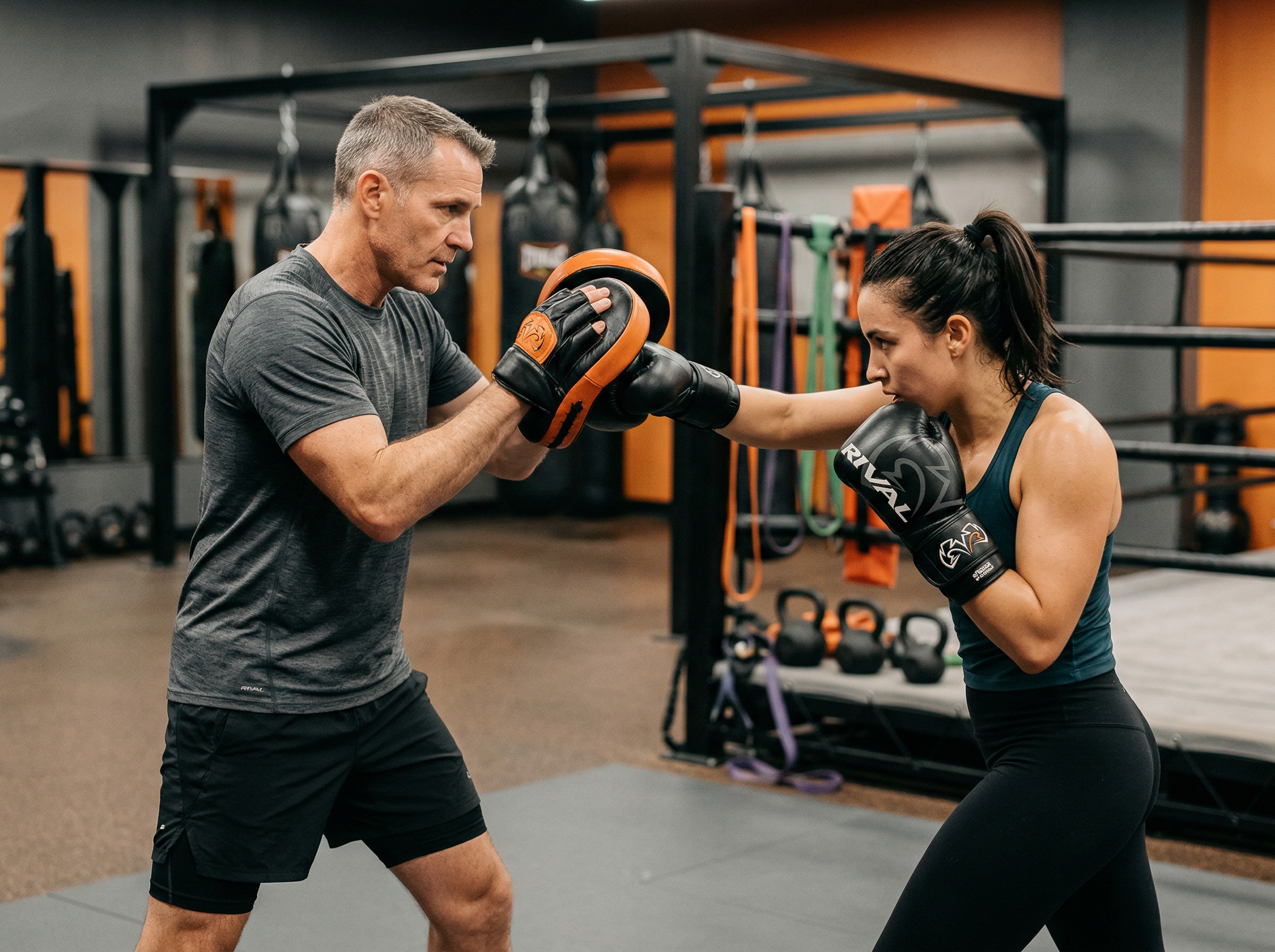 Boxing trainer holding focus mitts for a student during a one-on-one session