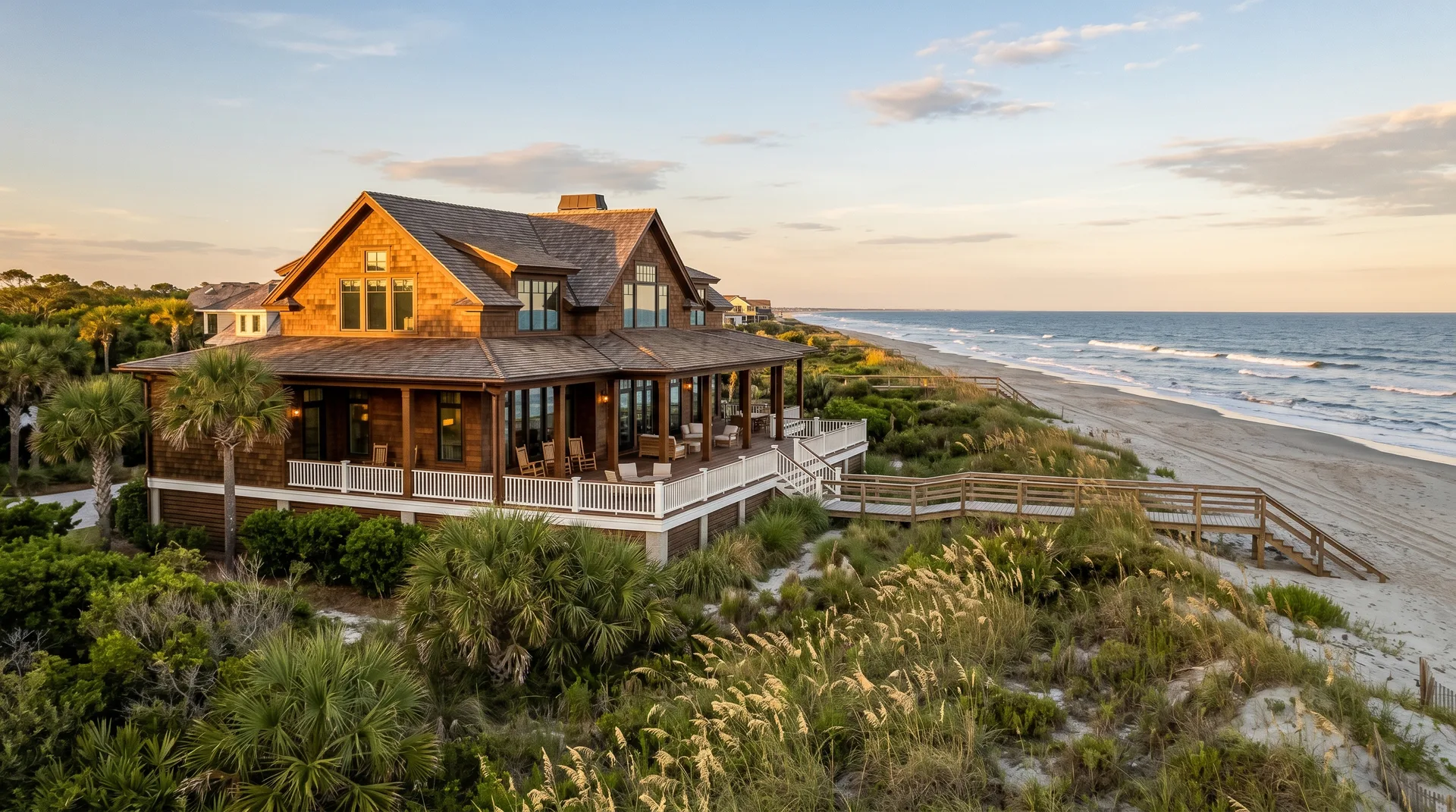 Luxury oceanfront home on Kiawah Island with large windows and wraparound porch overlooking the Atlantic