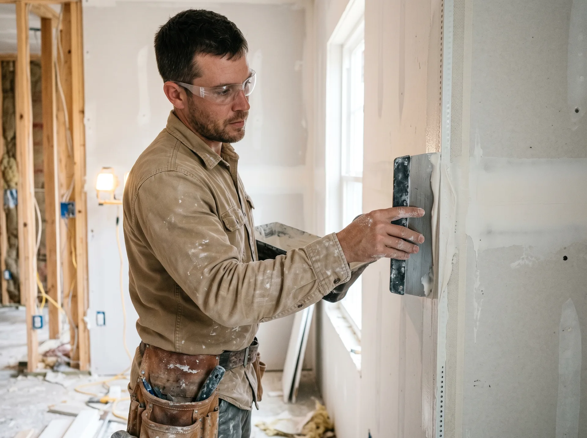 Professional contractor applying joint compound to drywall seams during new construction