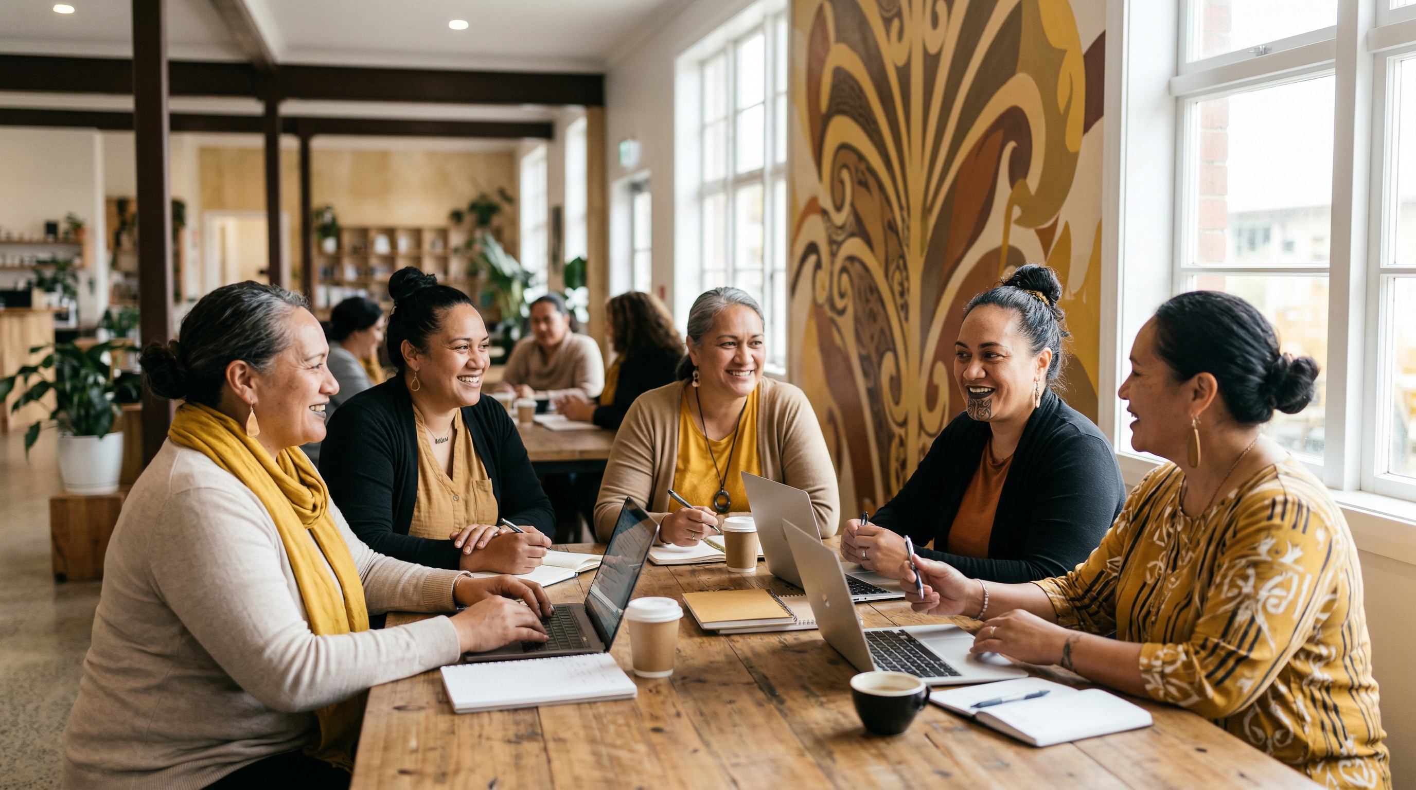 Maori women entrepreneurs collaborating in a workshop setting
