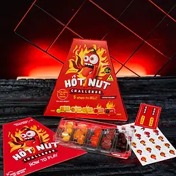 Hot Nut Challenge game box with visible text and five spice levels