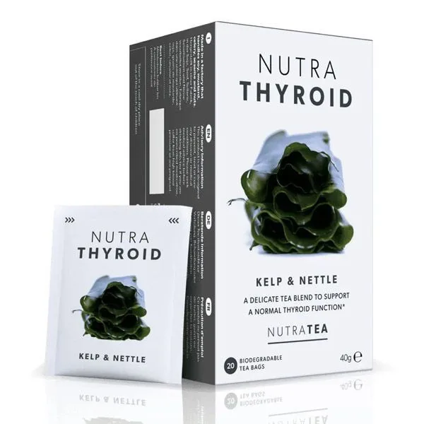 Nutra Thyroid tea box with kelp and nettle ingredients