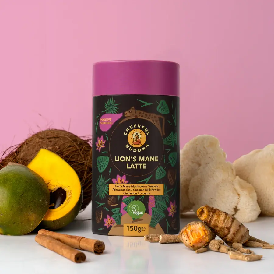 Cheerful Buddha Lion's Mane Latte product packaging with mushroom blend