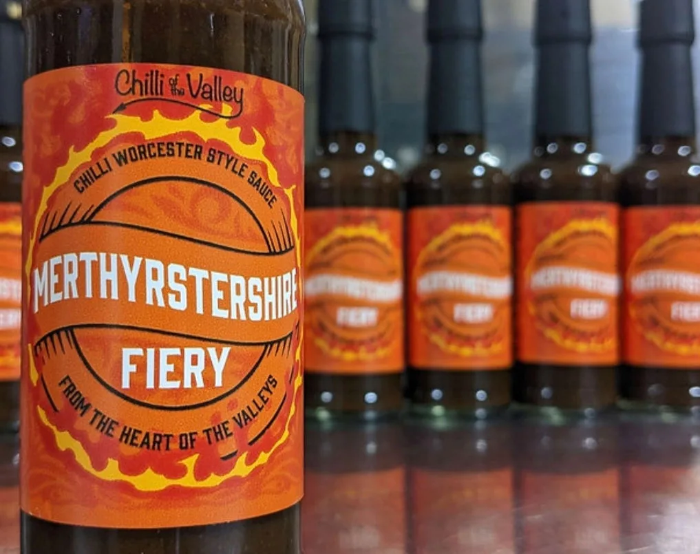 Merthyrstershire Fiery chilli sauce bottles in a row