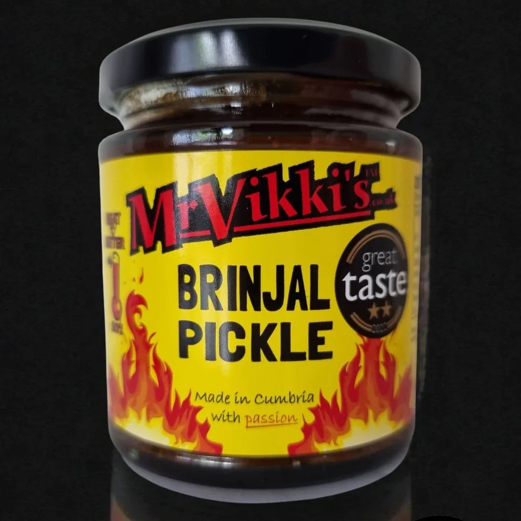 Mr Vikki's Brinjal Pickle jar, Great Taste award winning product