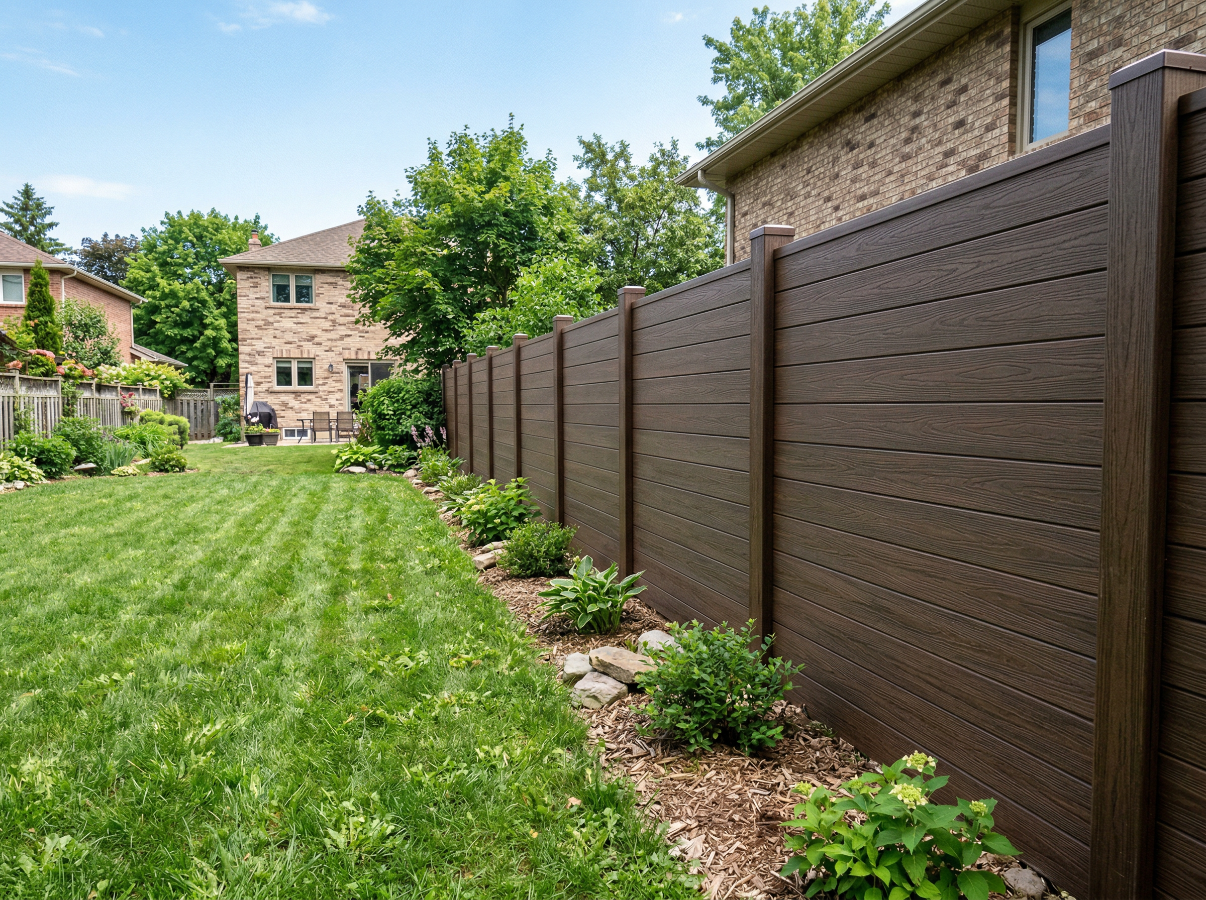 6 foot composite privacy fence with wood grain texture installed along a residential backyard in London Ontario