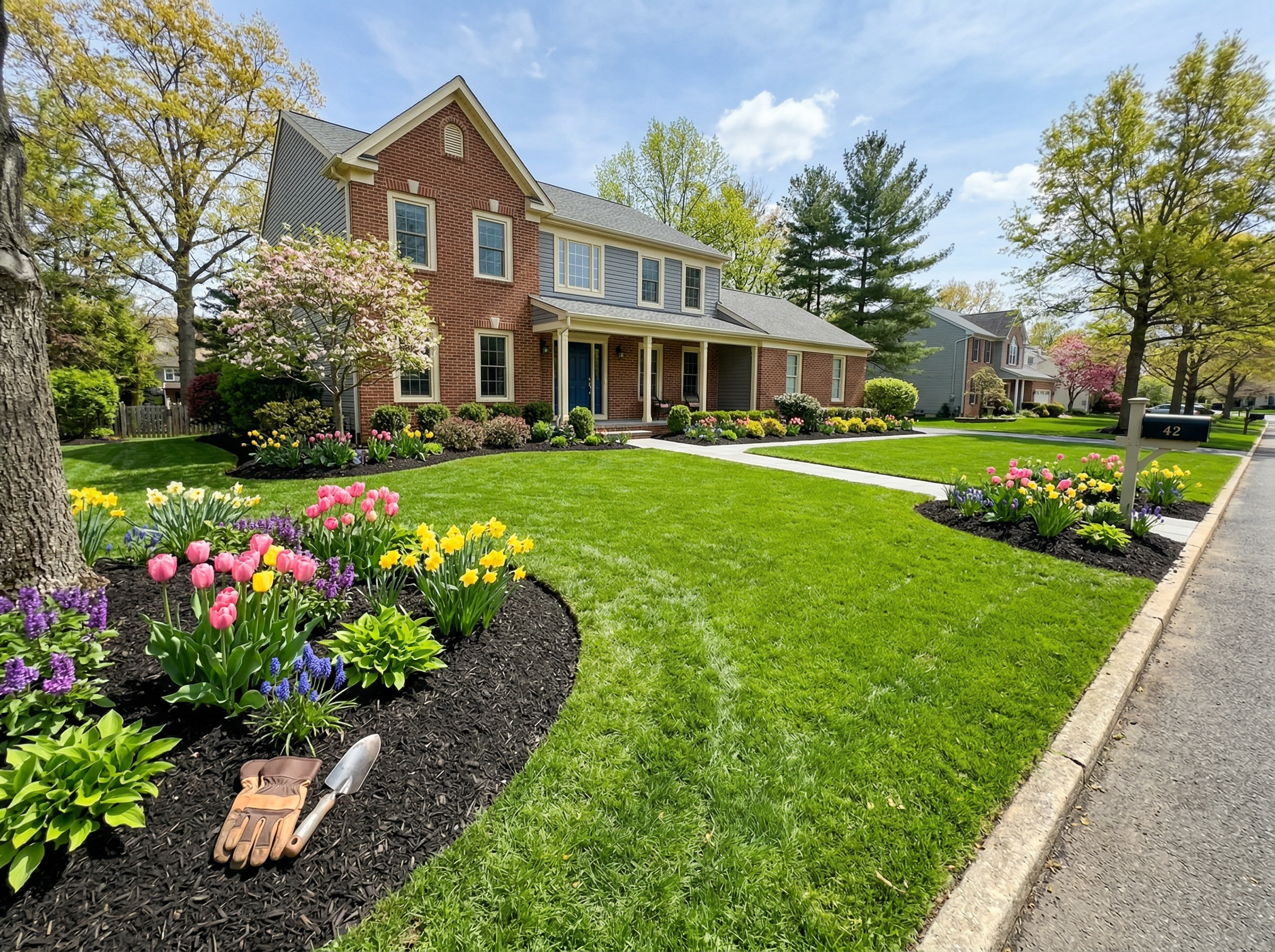Freshly mulched spring garden beds with blooming tulips and green lawn at a suburban home