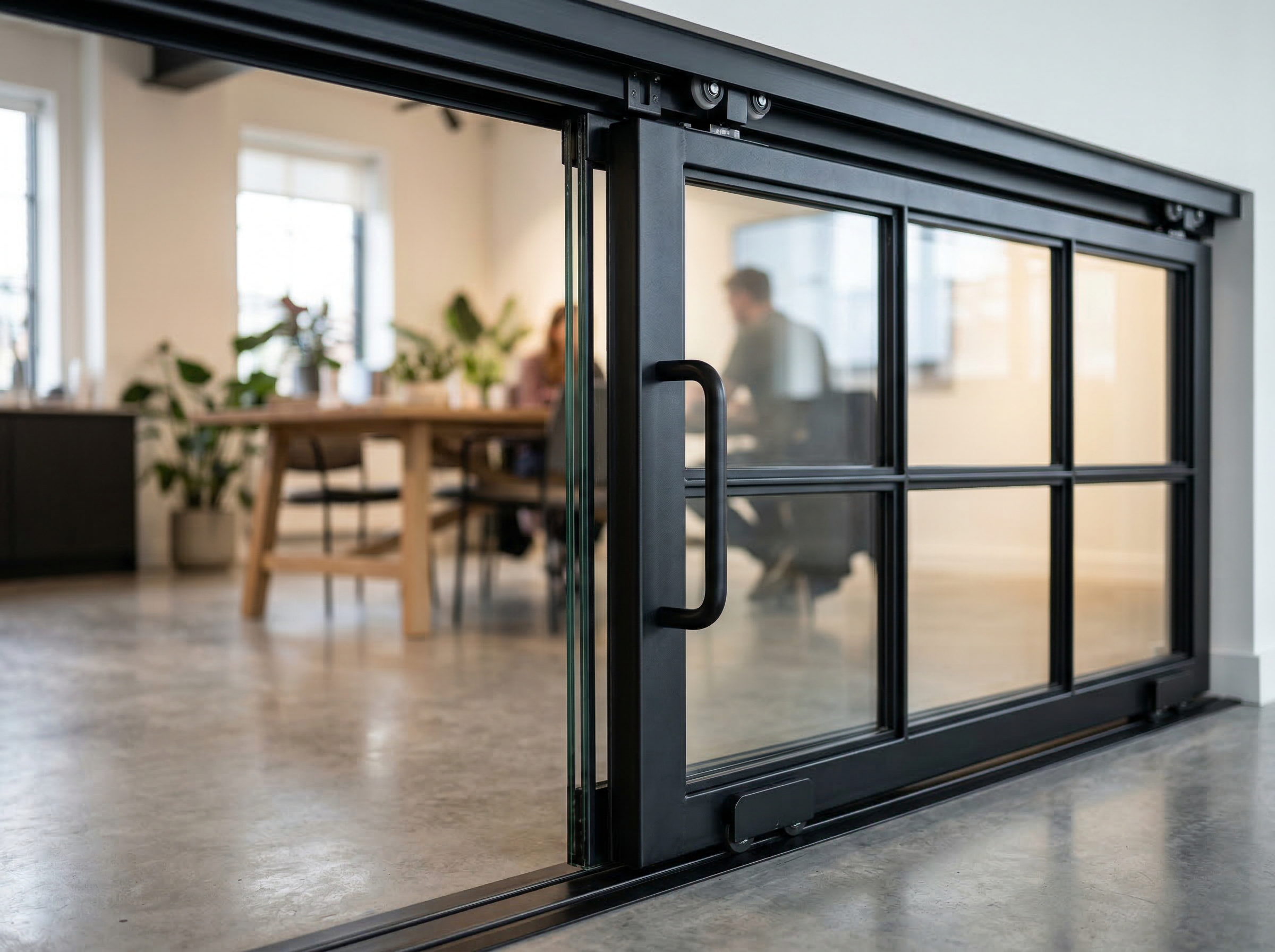 Close-up detail of MG900 Crittall black steel framed sliding door with geometric glazing bars