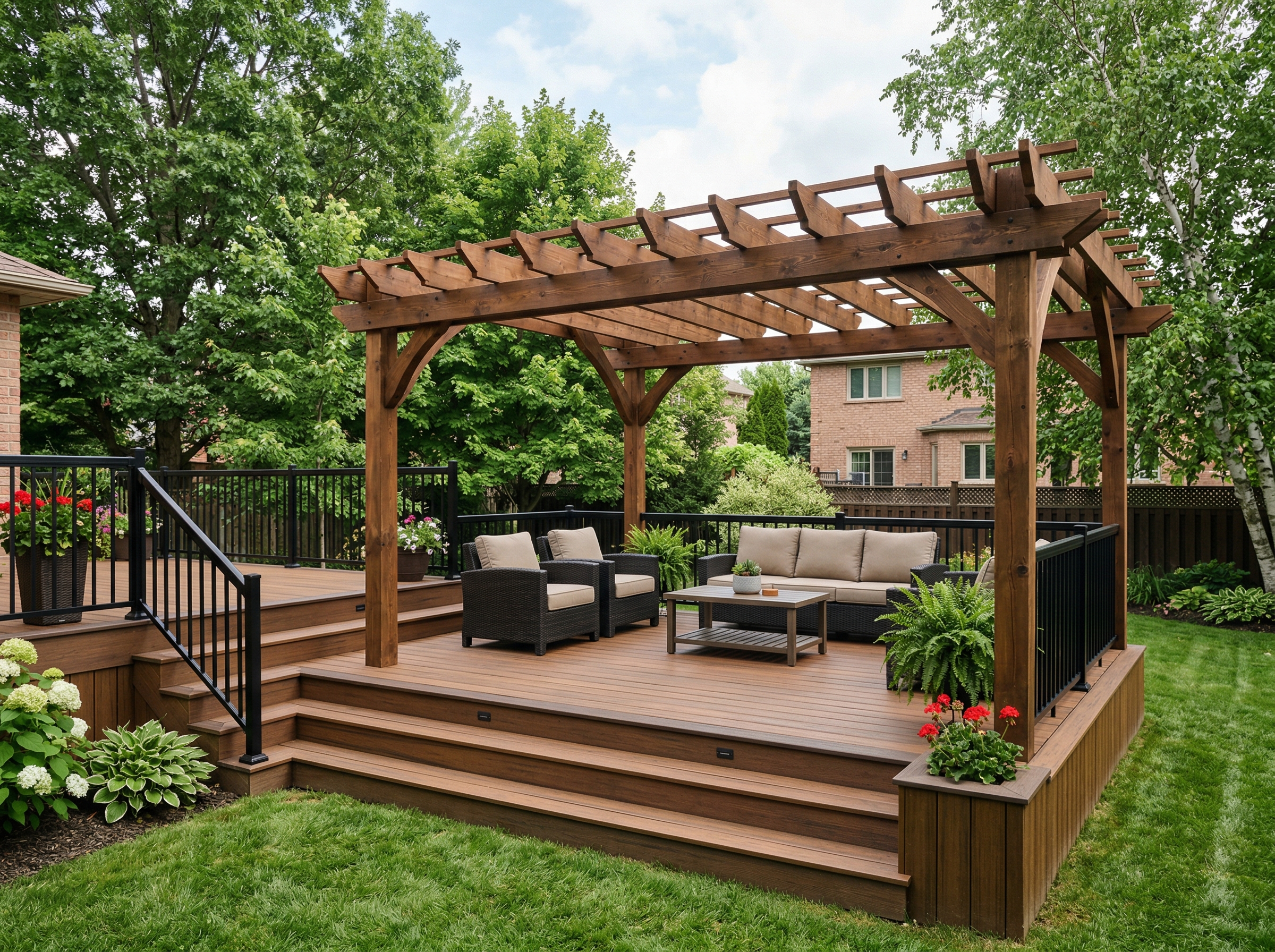 Custom composite deck with pergola and outdoor seating built by Forrest City Fencing Ltd in London Ontario