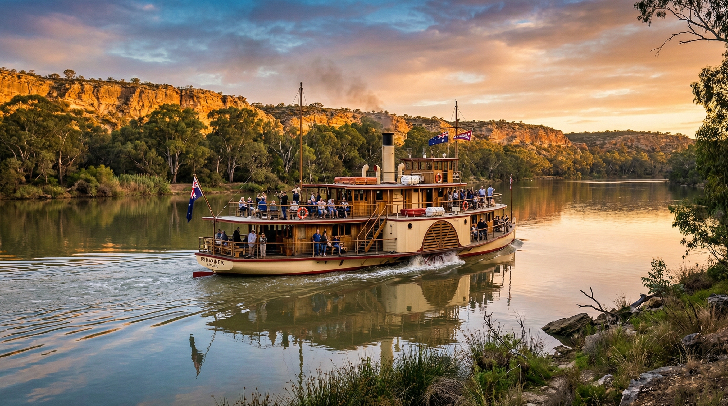 MV Maxine K paddle boat cruising the River Murray at sunset, Murray Bridge South Australia