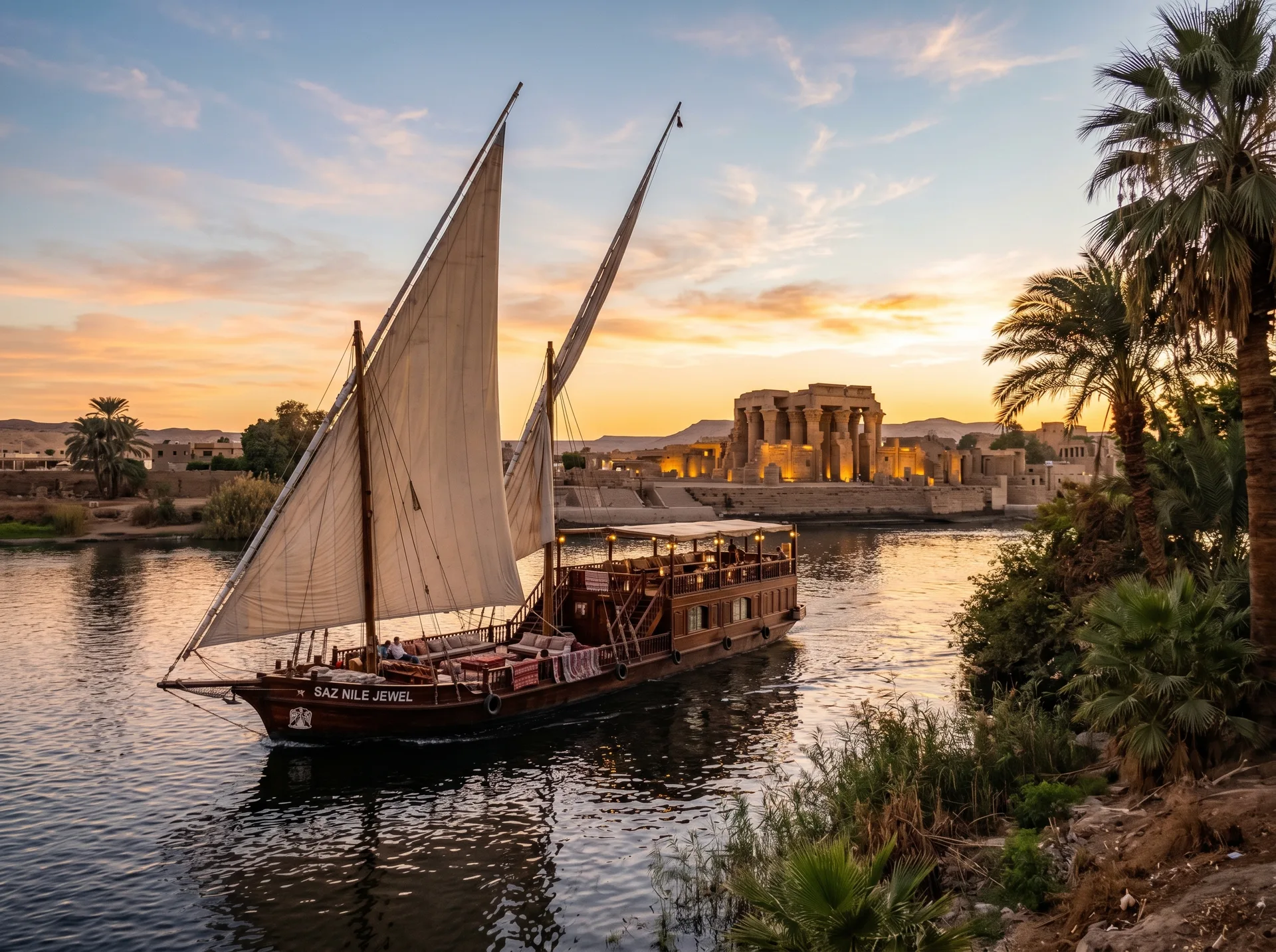 Luxury dahabiya sailing on the Nile at sunset
