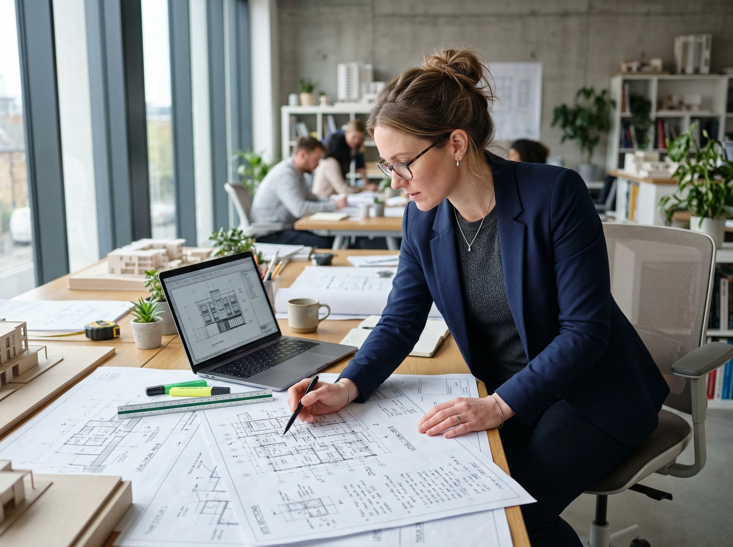 Architect reviewing specifications and technical drawings for movable wall installation