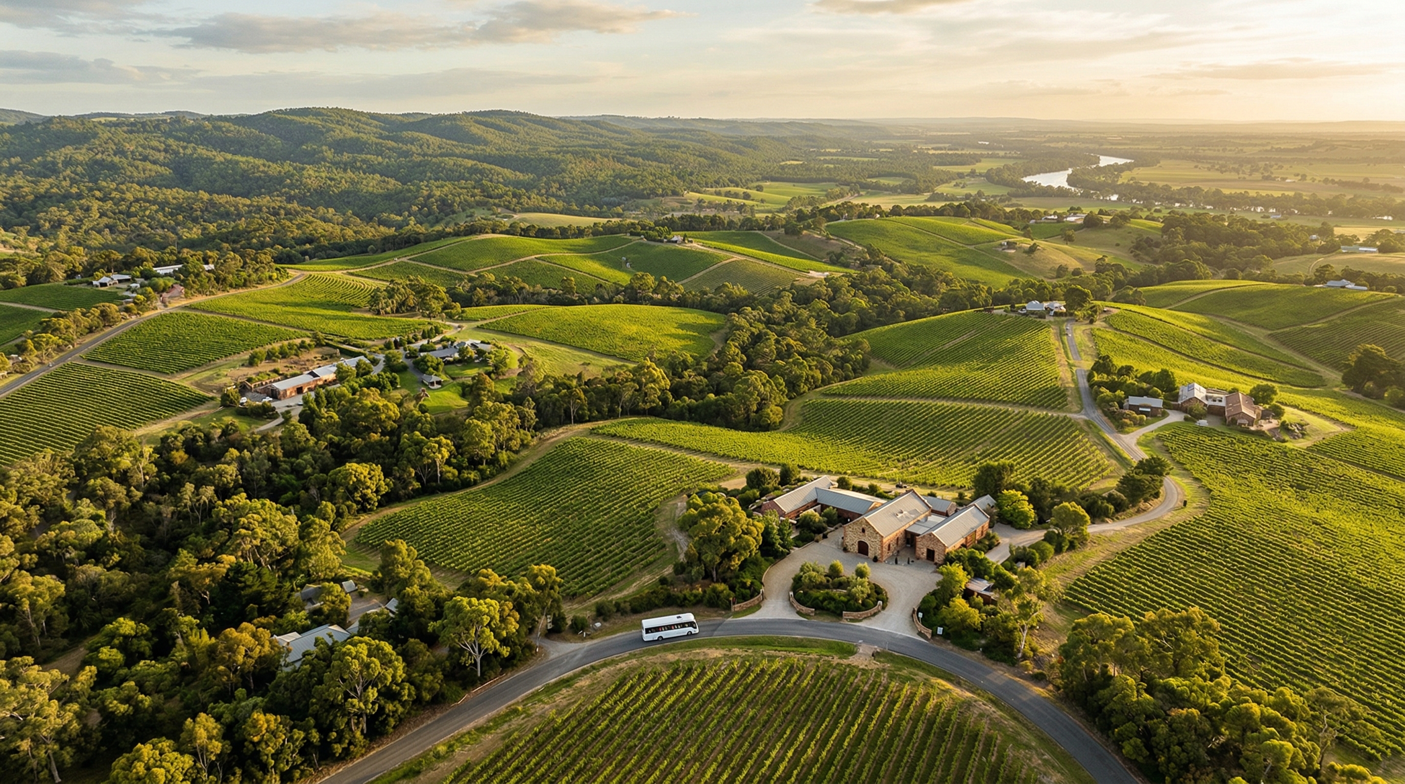 Aerial view of Adelaide Hills vineyards and rolling green valleys South Australia
