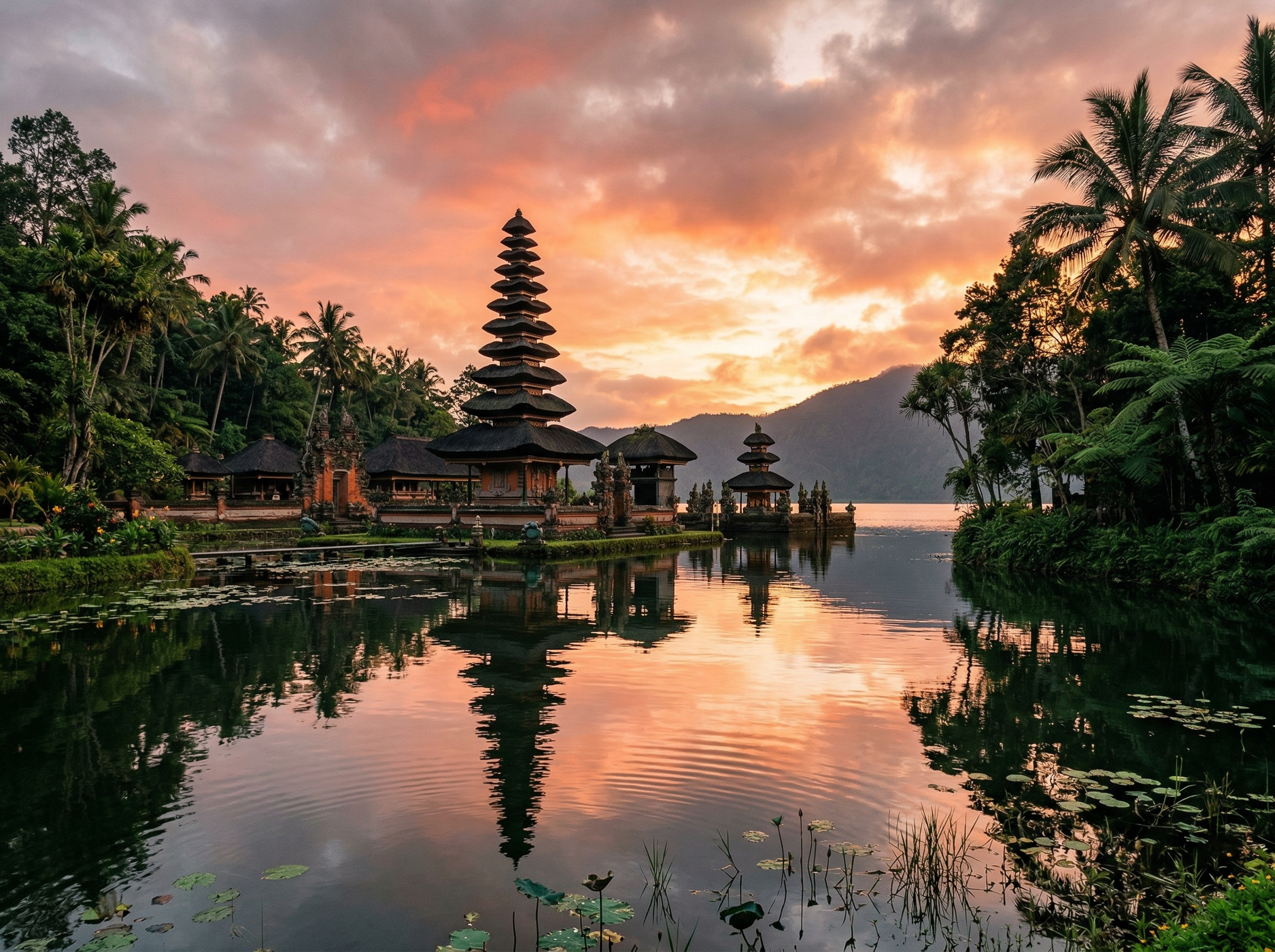 Bali Hindu temple at sunset reflected in a sacred lotus pond, surrounded by tropical palms