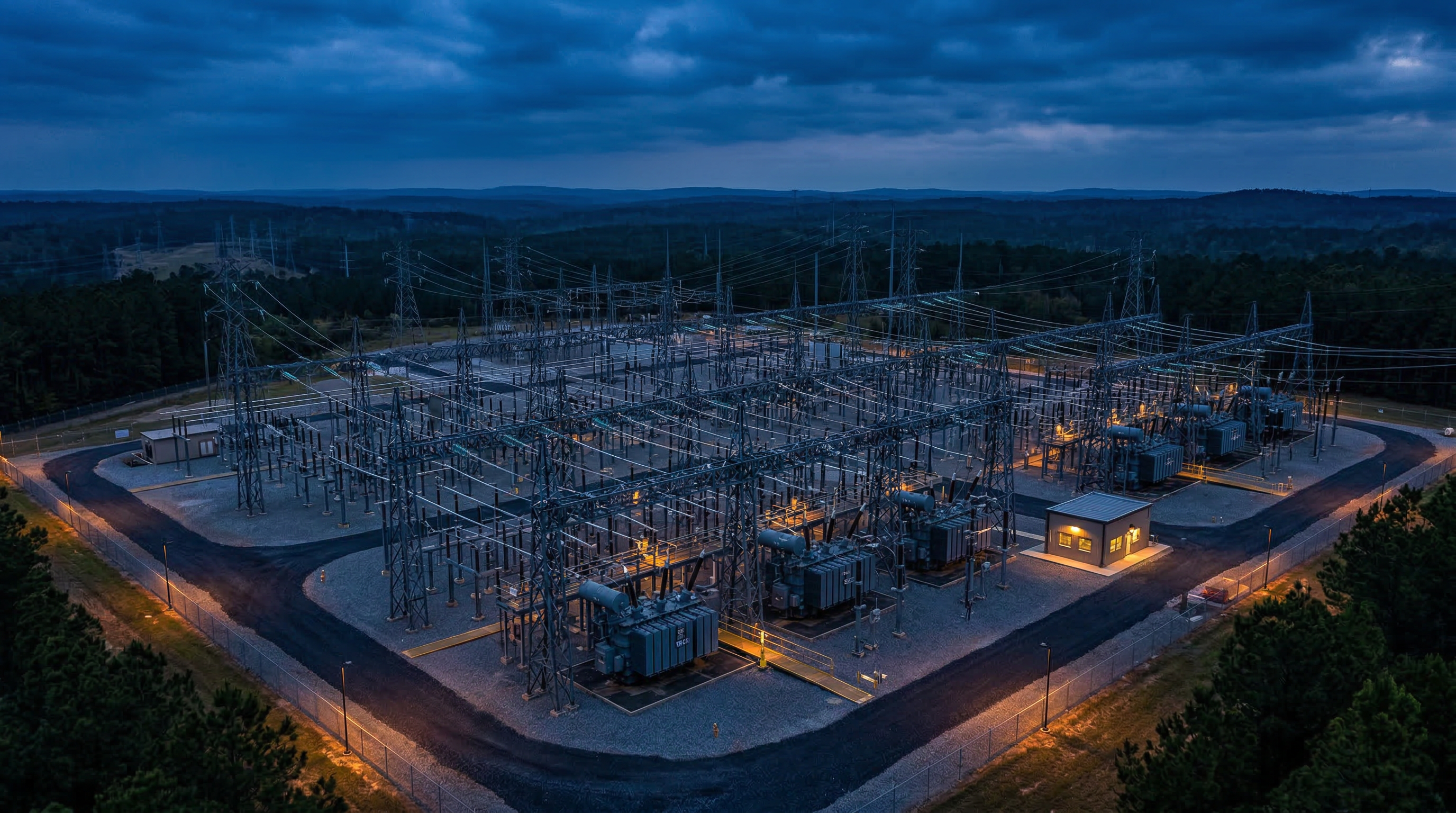 Electrical substation infrastructure at dusk
