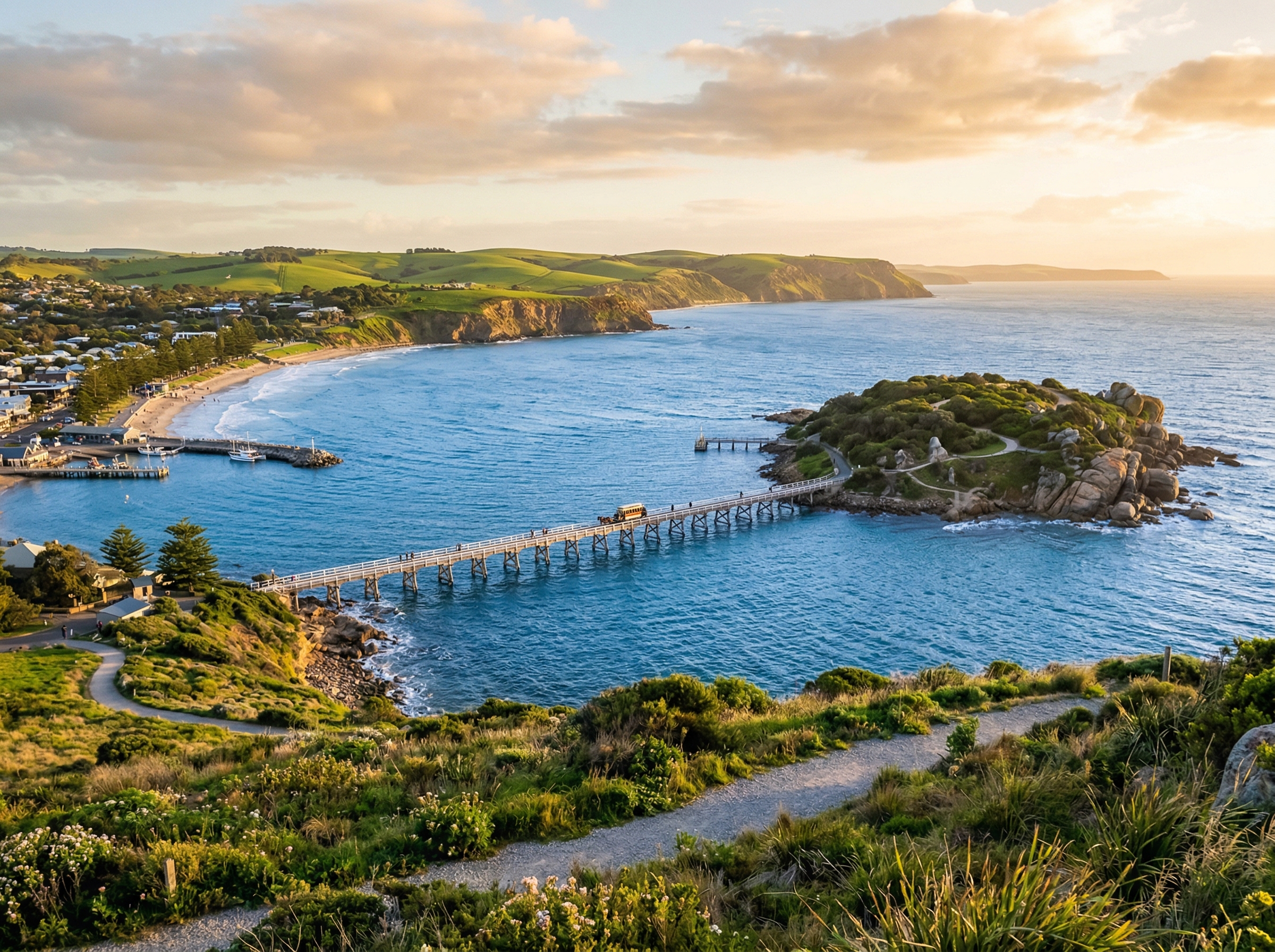 Victor Harbor Granite Island causeway and Fleurieu Peninsula coastal scenery South Australia
