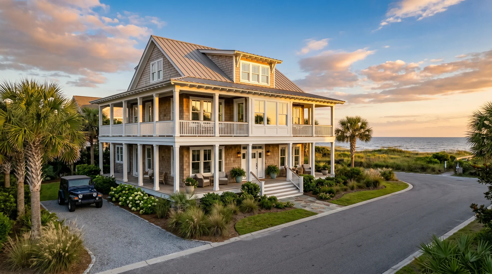 Luxury coastal home with large vinyl windows overlooking the ocean on Seabrook Island