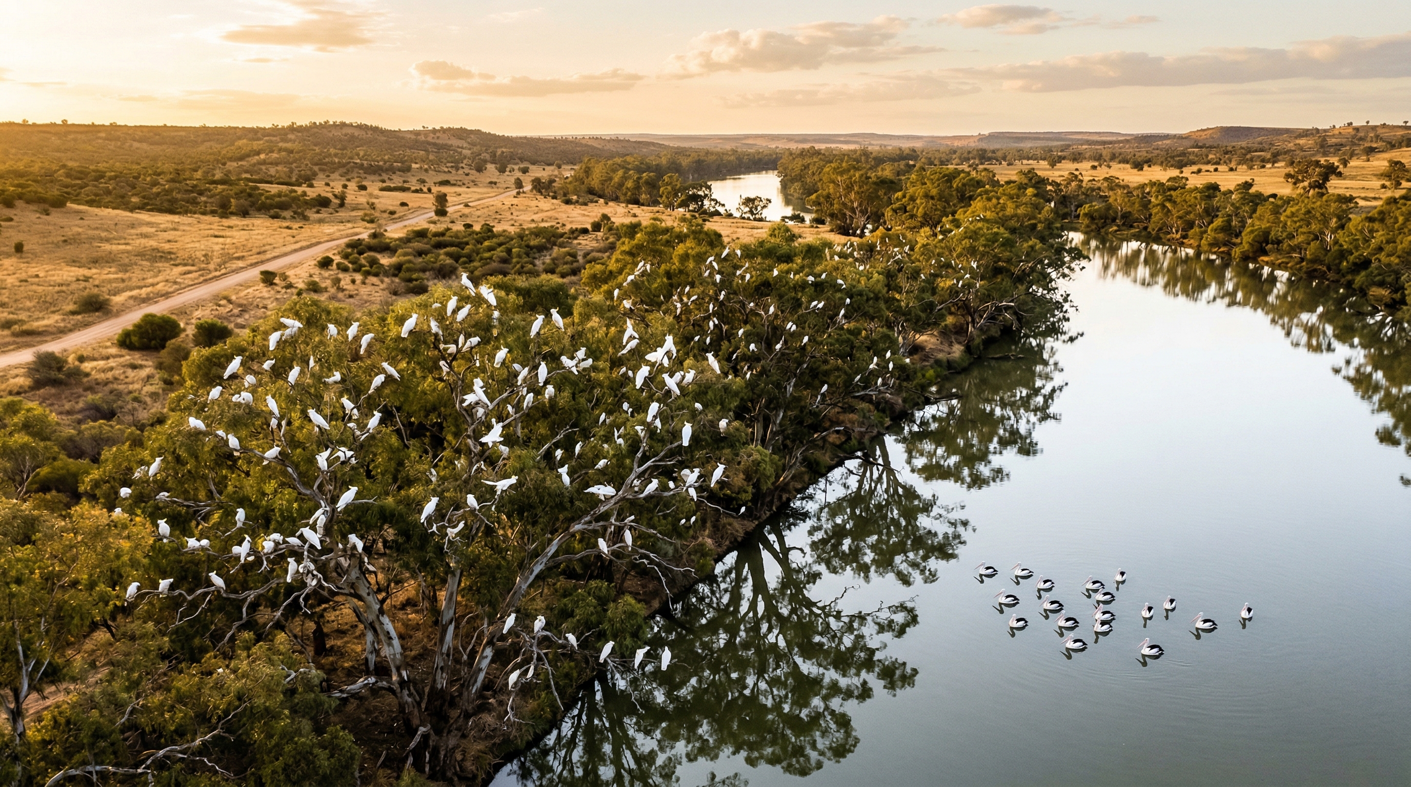 River Murray wildlife - cockatoos and pelicans in their natural habitat